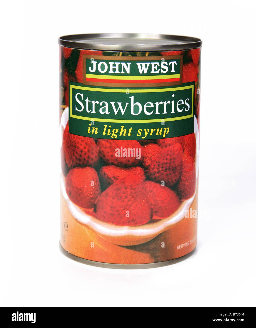 A tin of strawberries in light syrup; John West brand on white background Stock Photo