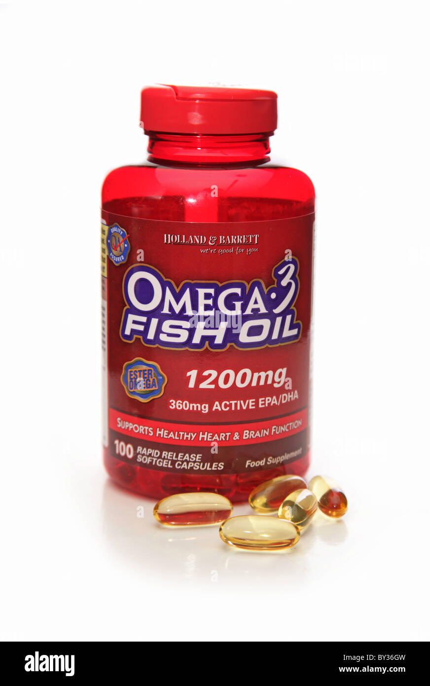 Holland and Barrett brand Omega 3 Fish Oil Capsules on white background Stock Photo
