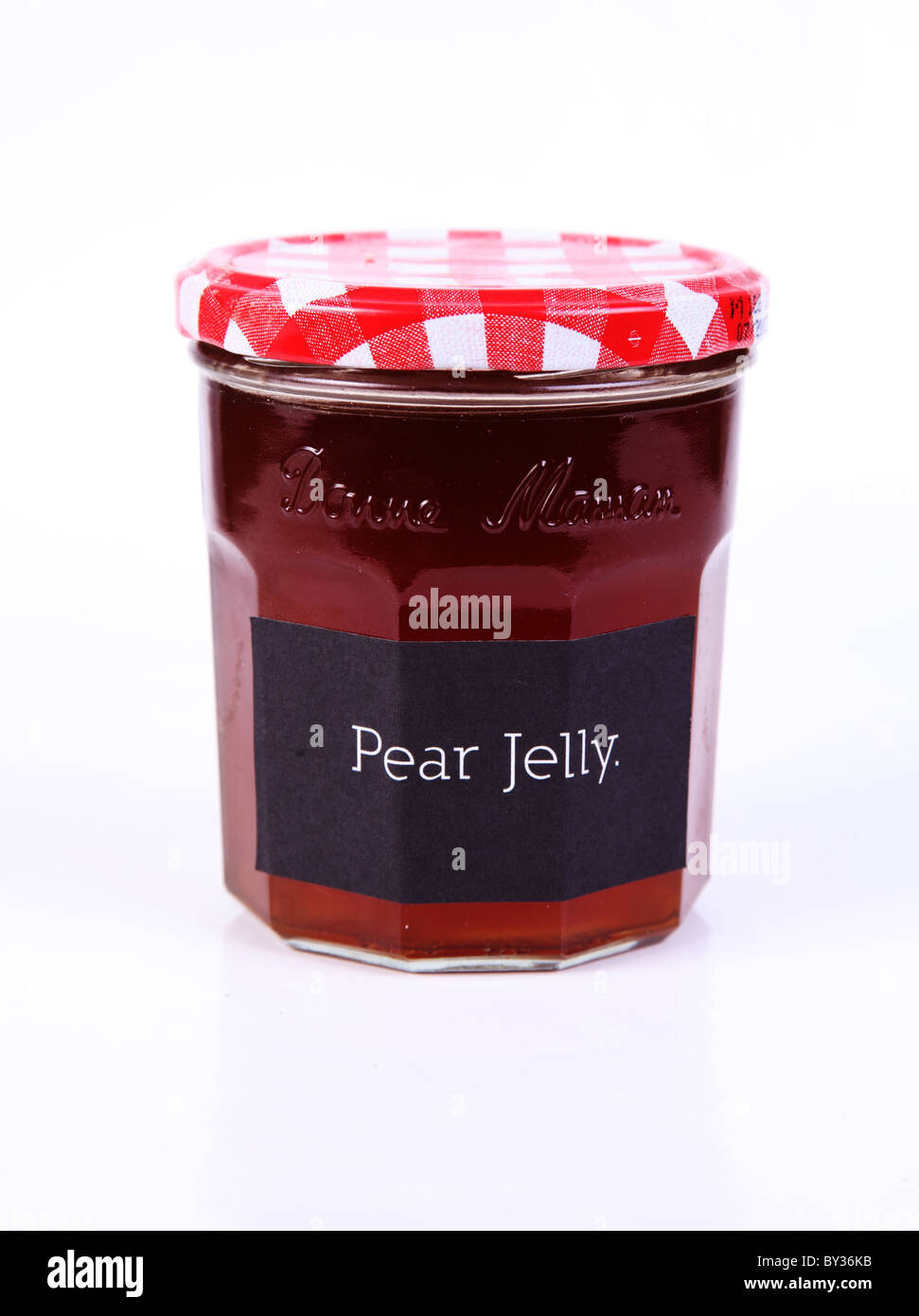 Homemade Jar of Pear Jelly in a re-used jar on white background Stock Photo