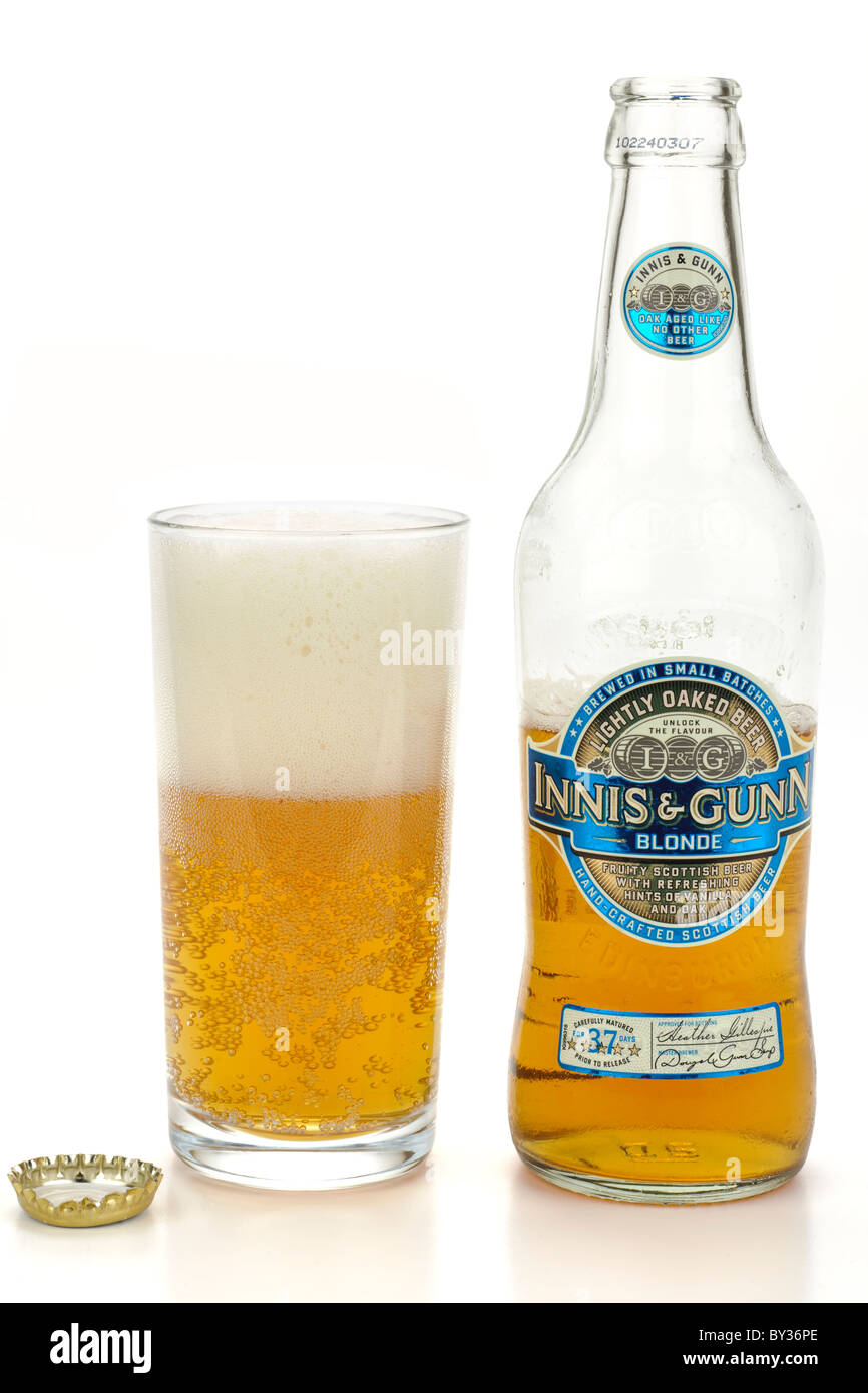 Innis and Gunn Blonde beer and a half full  glass Stock Photo