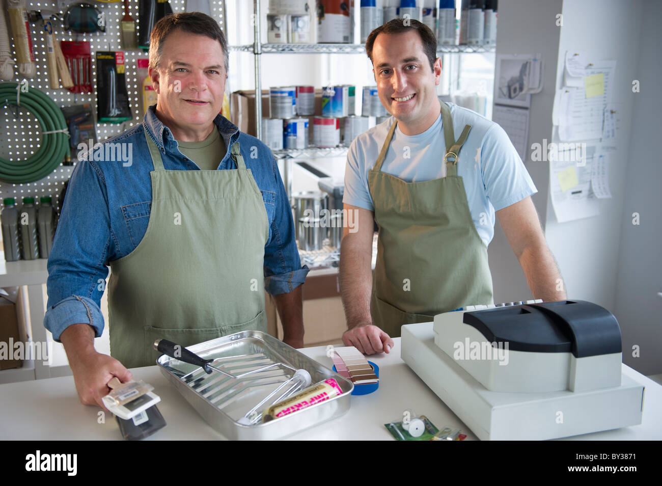 USA, New Jersey, Jersey City, Portrait of hardware shop owner and assistant Stock Photo