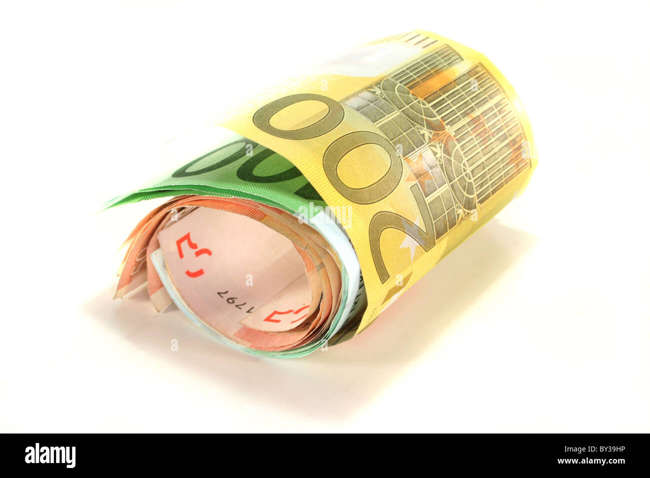 a bundle of Euro banknotes on a white background Stock Photo