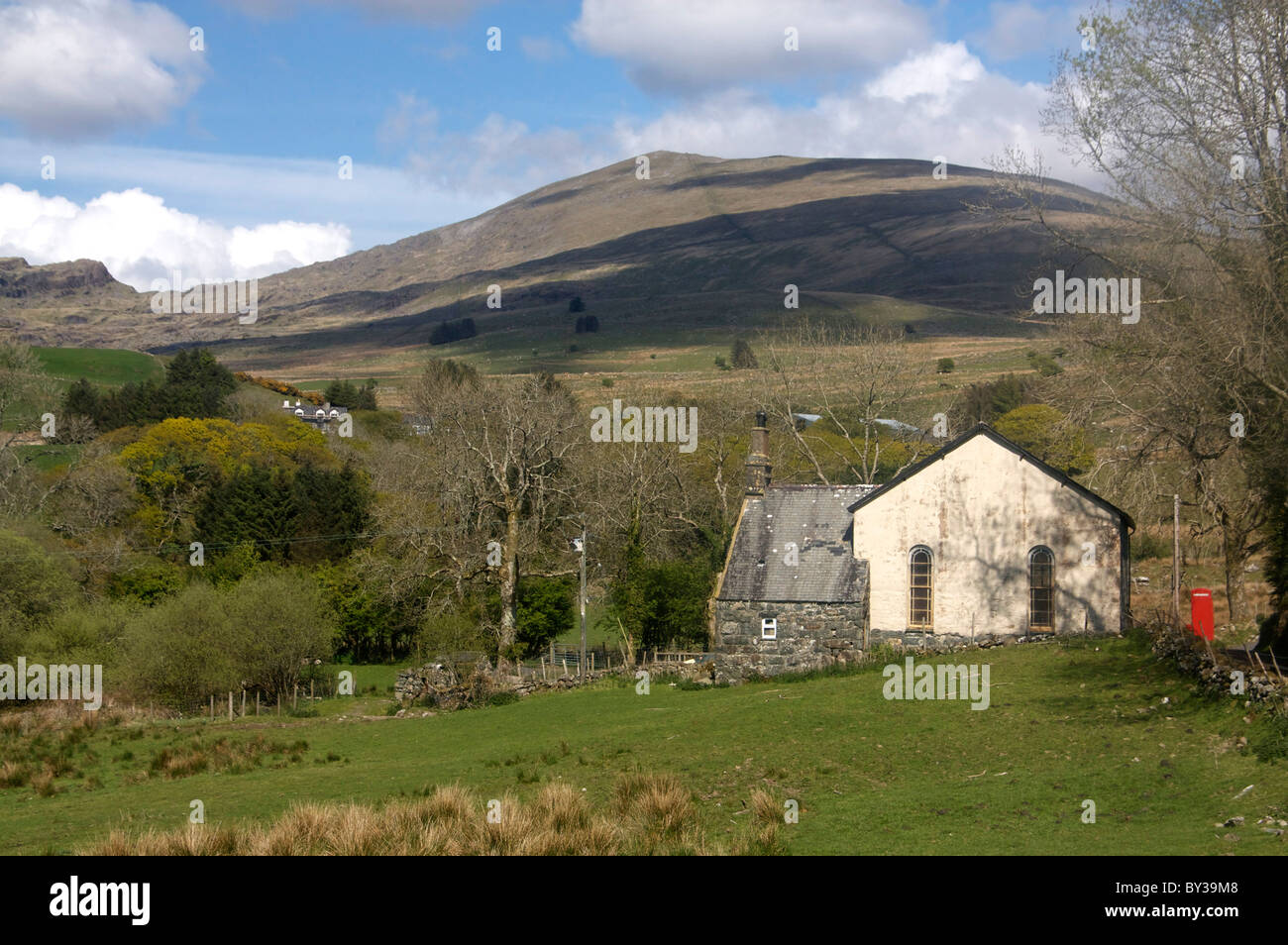 Isolated former chapel in Cwm Pennant, a remote mountainous valley in