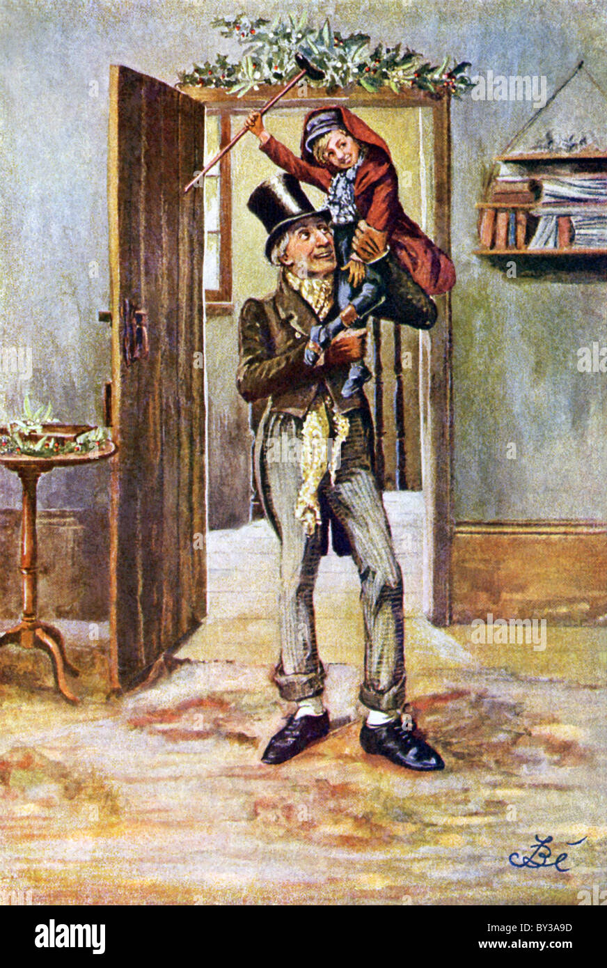 Bob Cratchit carries his son  Tiny Tim on his shoulders as he enters their house—from Dickens' Christmas Carol. Stock Photo