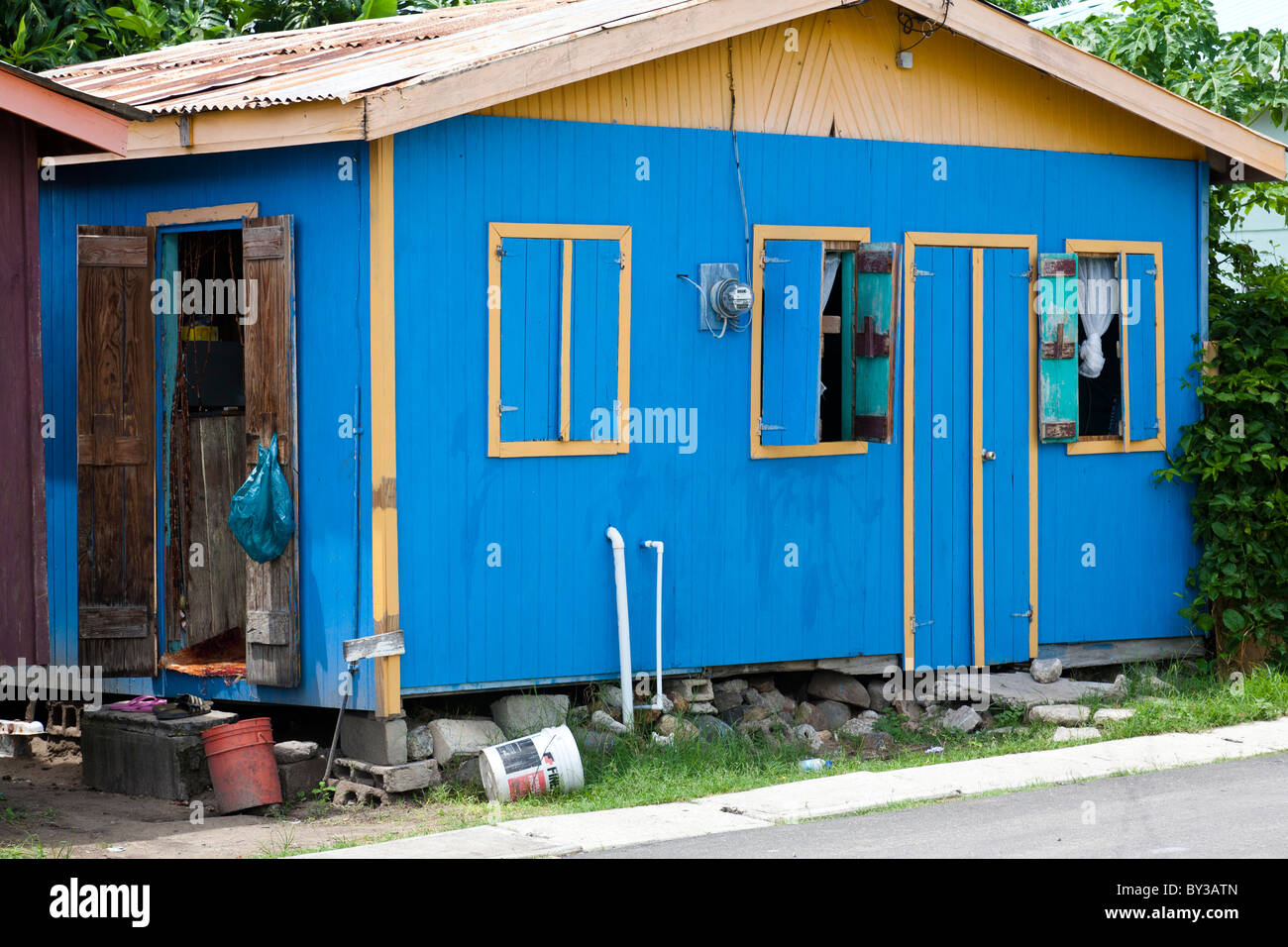 Colourful wooden building in Gros Islet, St Lucia, West Indies Stock