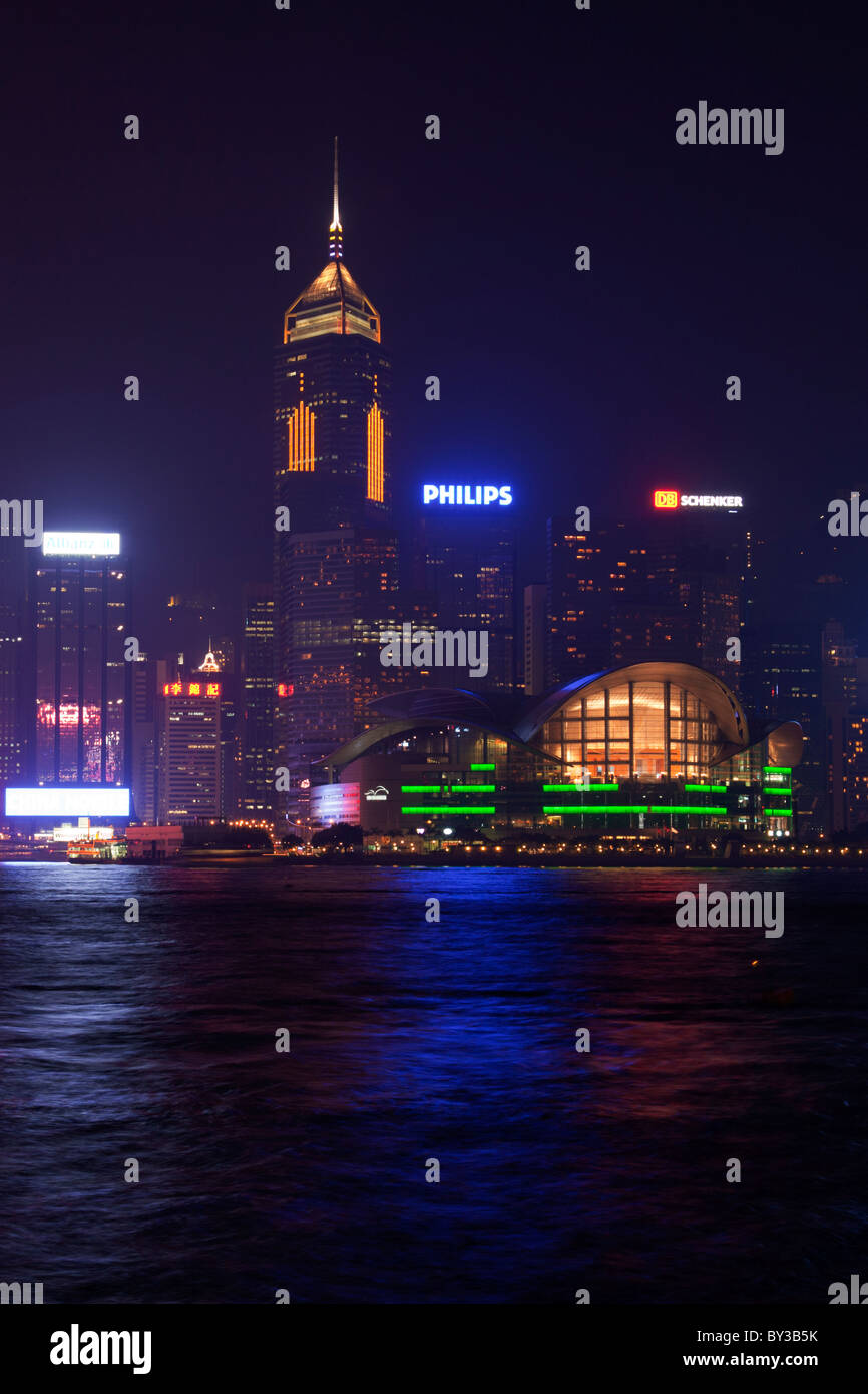 The amazing view of the Hong Kong skyline from the banks of Kowloon at night to show all the lights and buildings at there best Stock Photo