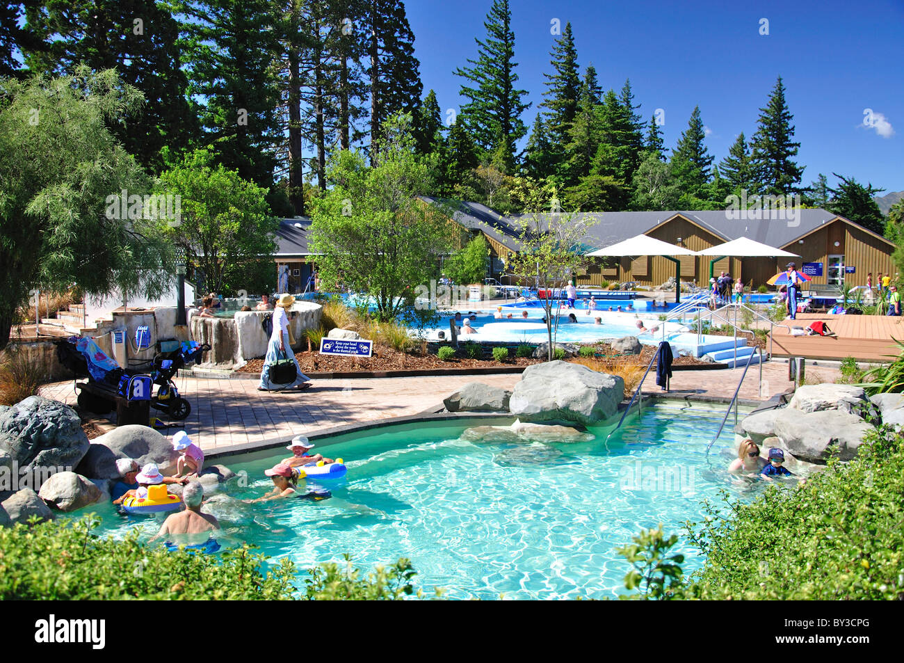 Hot rock pools at Hanmer Springs Thermal Pools & Spa, Hanmer Springs, North Canterbury, Canterbury, South Island, New Zealand Stock Photo