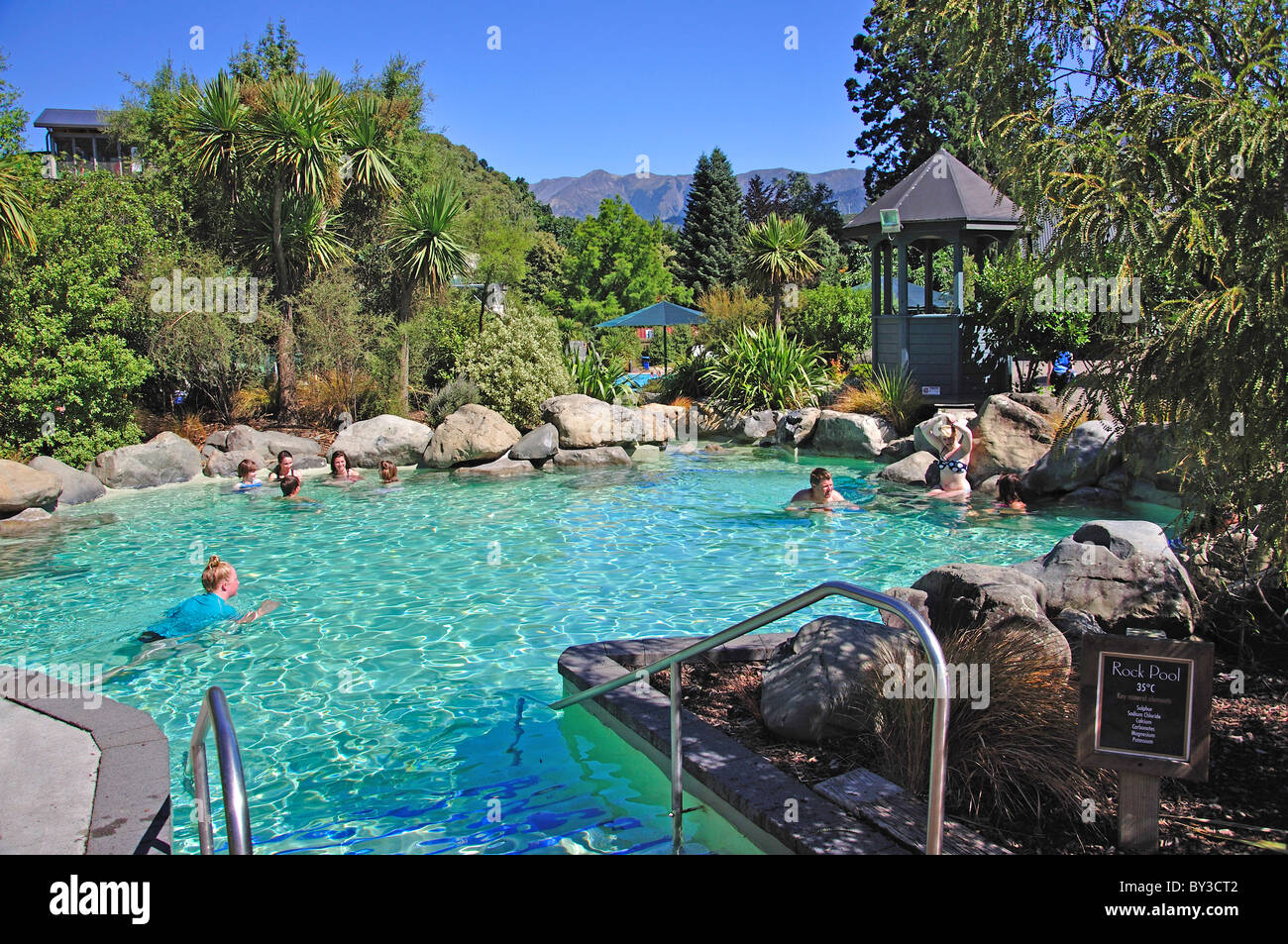 Hot rock pools at Hanmer Springs Thermal Pools & Spa, Hanmer Springs, Canterbury, South Island, New Zealand Stock Photo