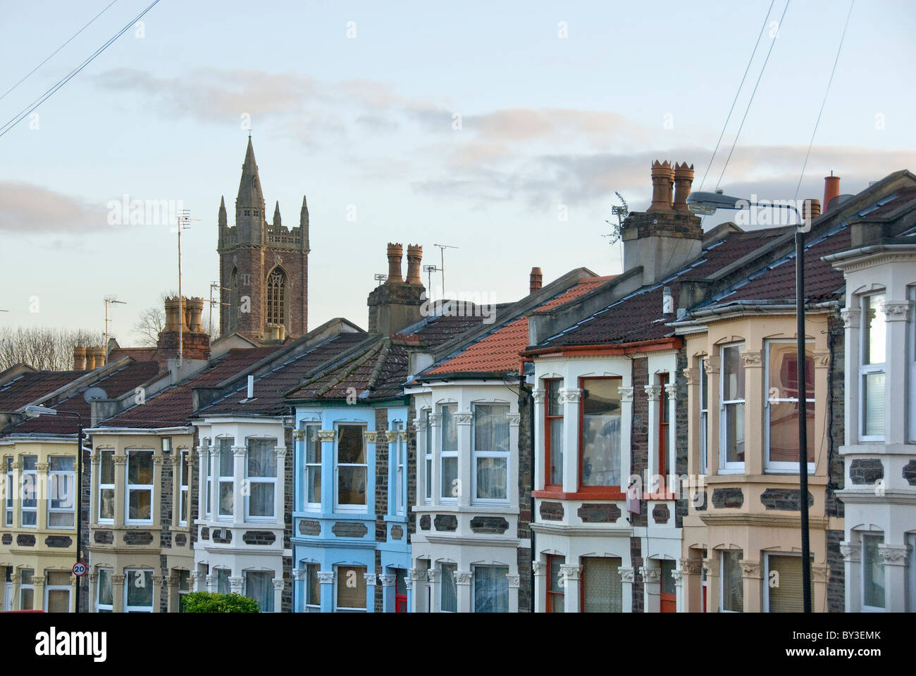 Row of houses and church tower, St Pauls, Bristol, England, UK Stock