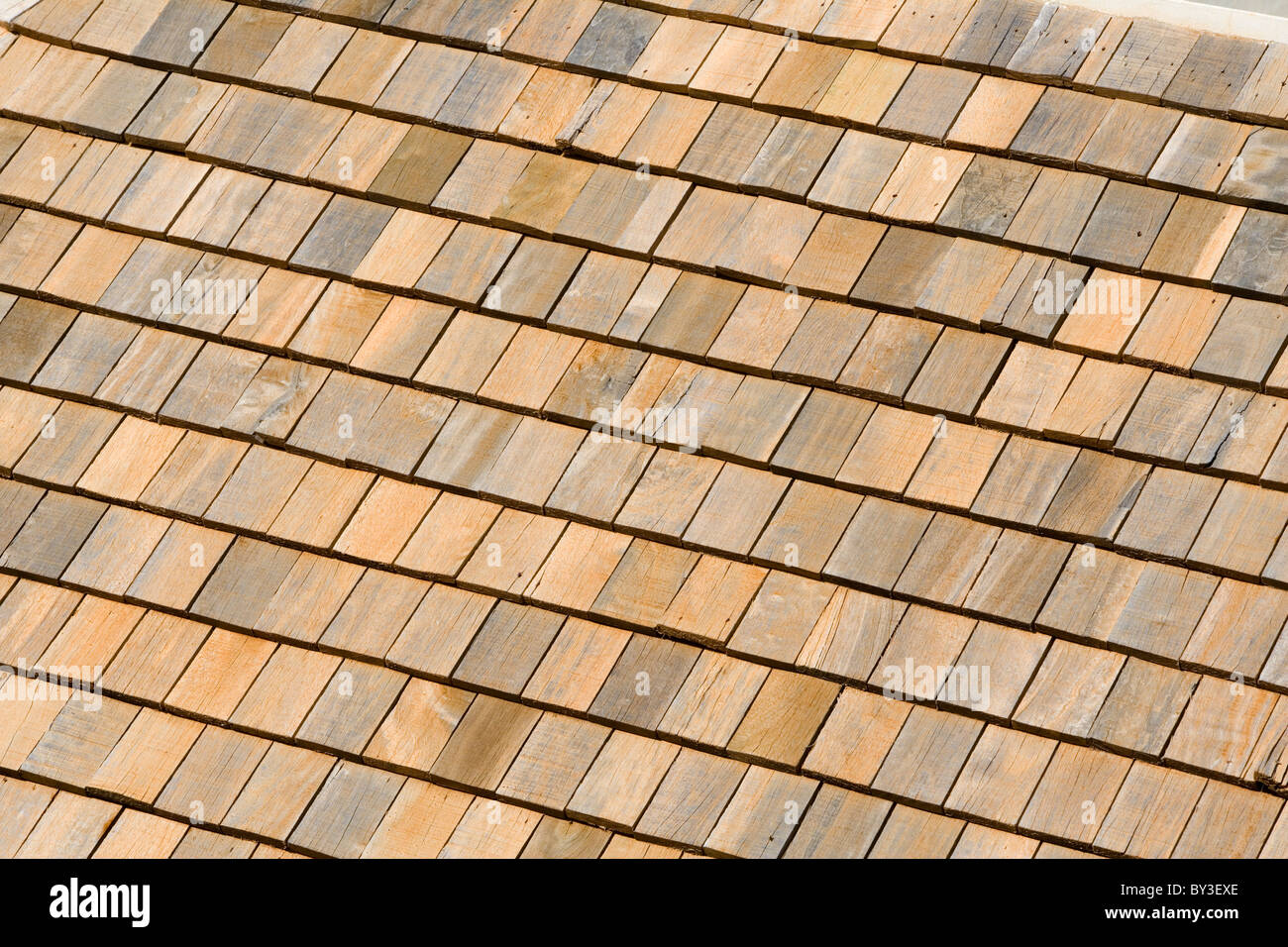 Sun-bleached wooden roof shingles, Intercontinental Hotel, Balaclava, Mauritius Stock Photo