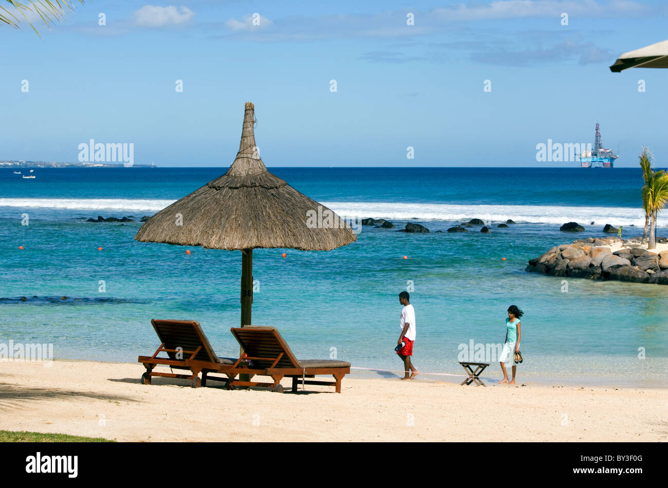 Beach scene, Intercontinental Hotel, Balaclava, Mauritius Stock Photo