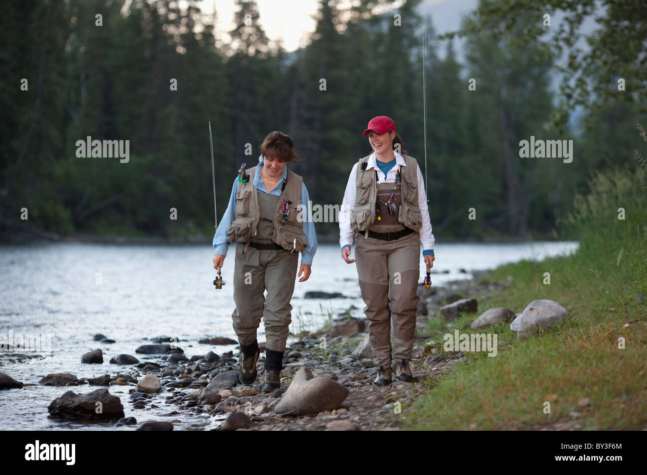 Canada, British Columbia, Fernie, daughter and mother fly fishing Stock