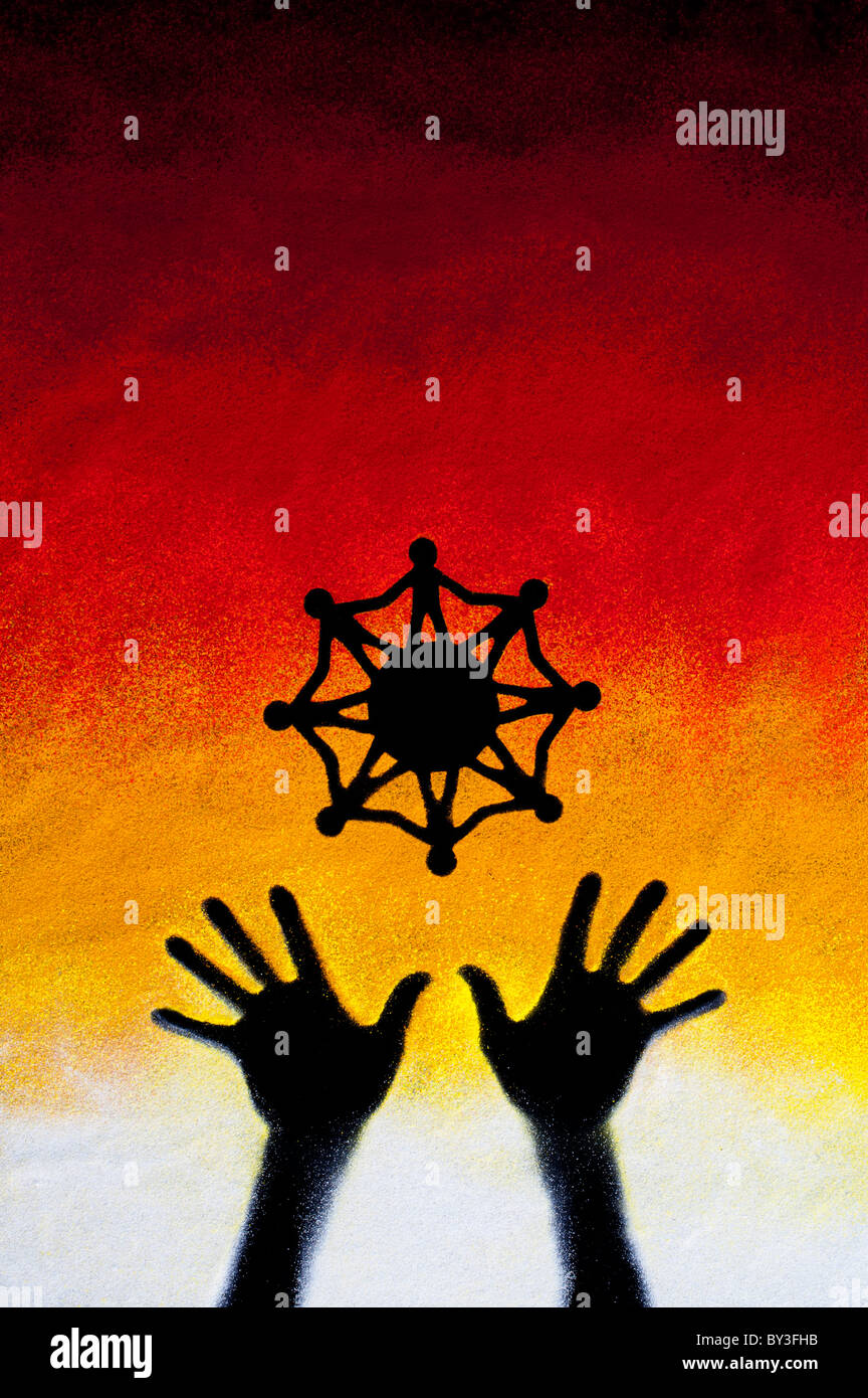 One world unity symbol above black hand prints made with multicoloured sunset style coloured powder. India Stock Photo