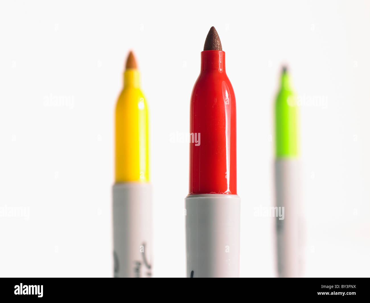 Studio shot red, green and yellow felt-tip pen Stock Photo