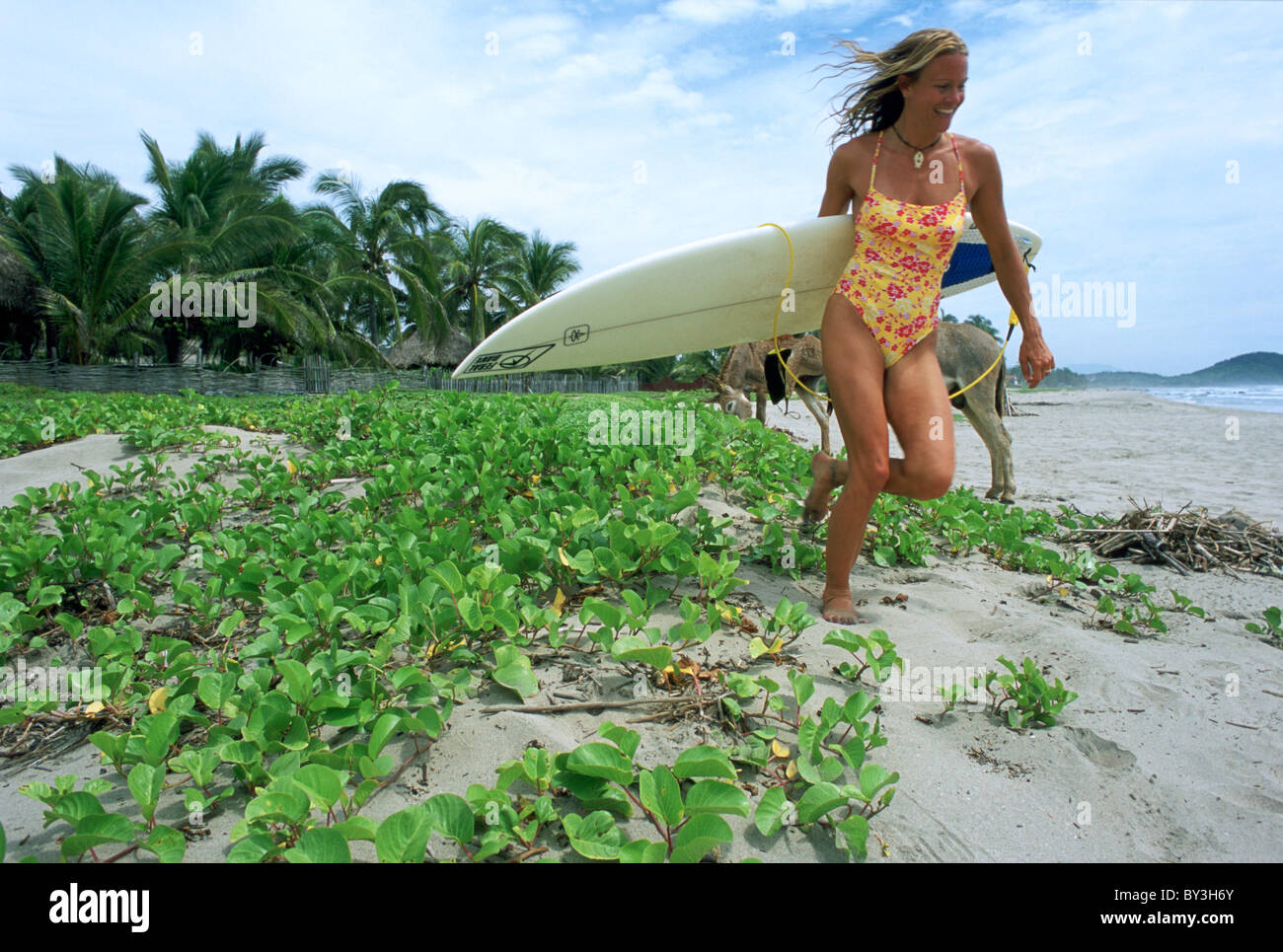 Female surfer running on beach with surfboard. Stock Photo