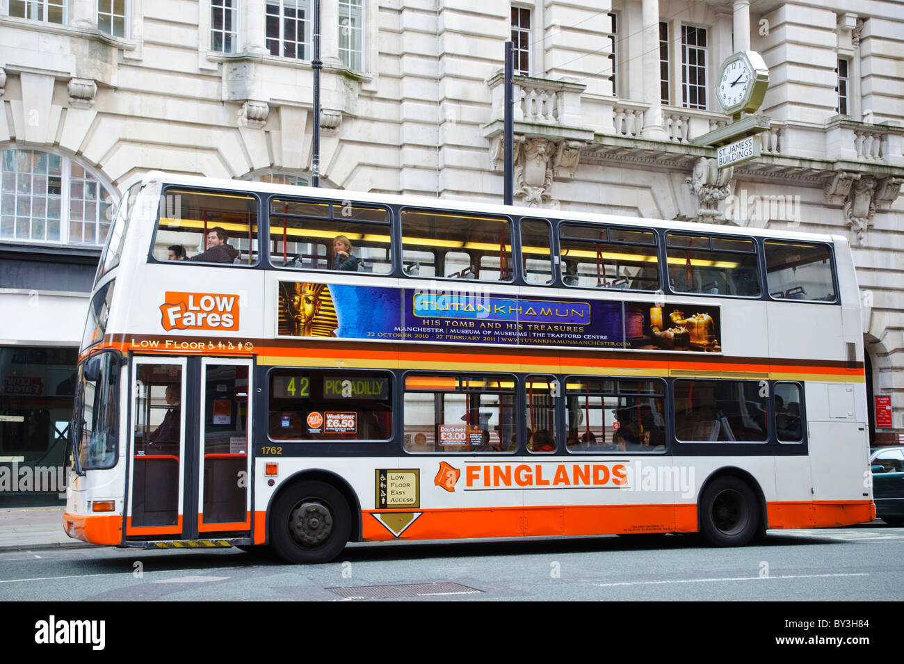 Finglands double decker bus on Deansgate, Manchester. Stock Photo