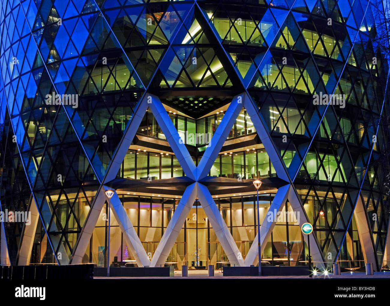 This is a photograph of the London Gherkin entrance, it was taken at the start of the blue hour. Stock Photo