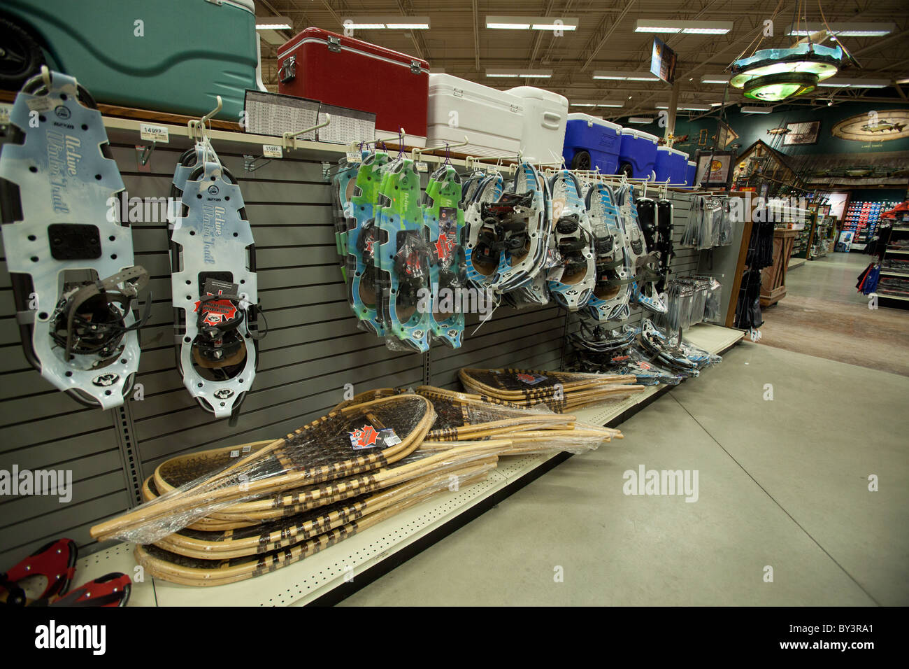 Traditional Ojibwe and Huron snowshoes for sale in Outdoor World retail store in Vaughan Mills Mall in Toronto, 2010 Stock Photo