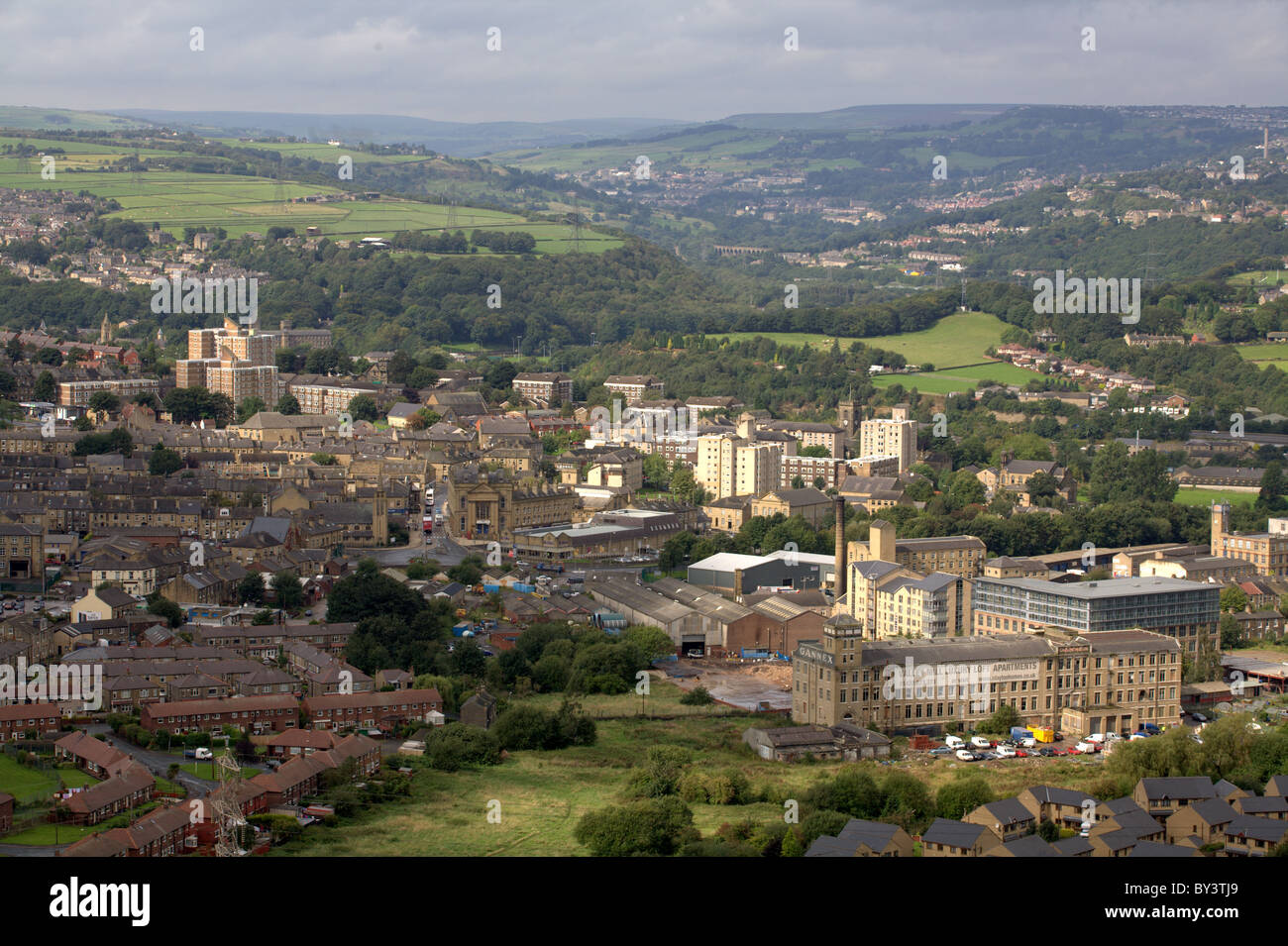 View of Elland and Sowerby Bridge , West Yorkshire UK from Ainley Top on the M62 Stock Photo