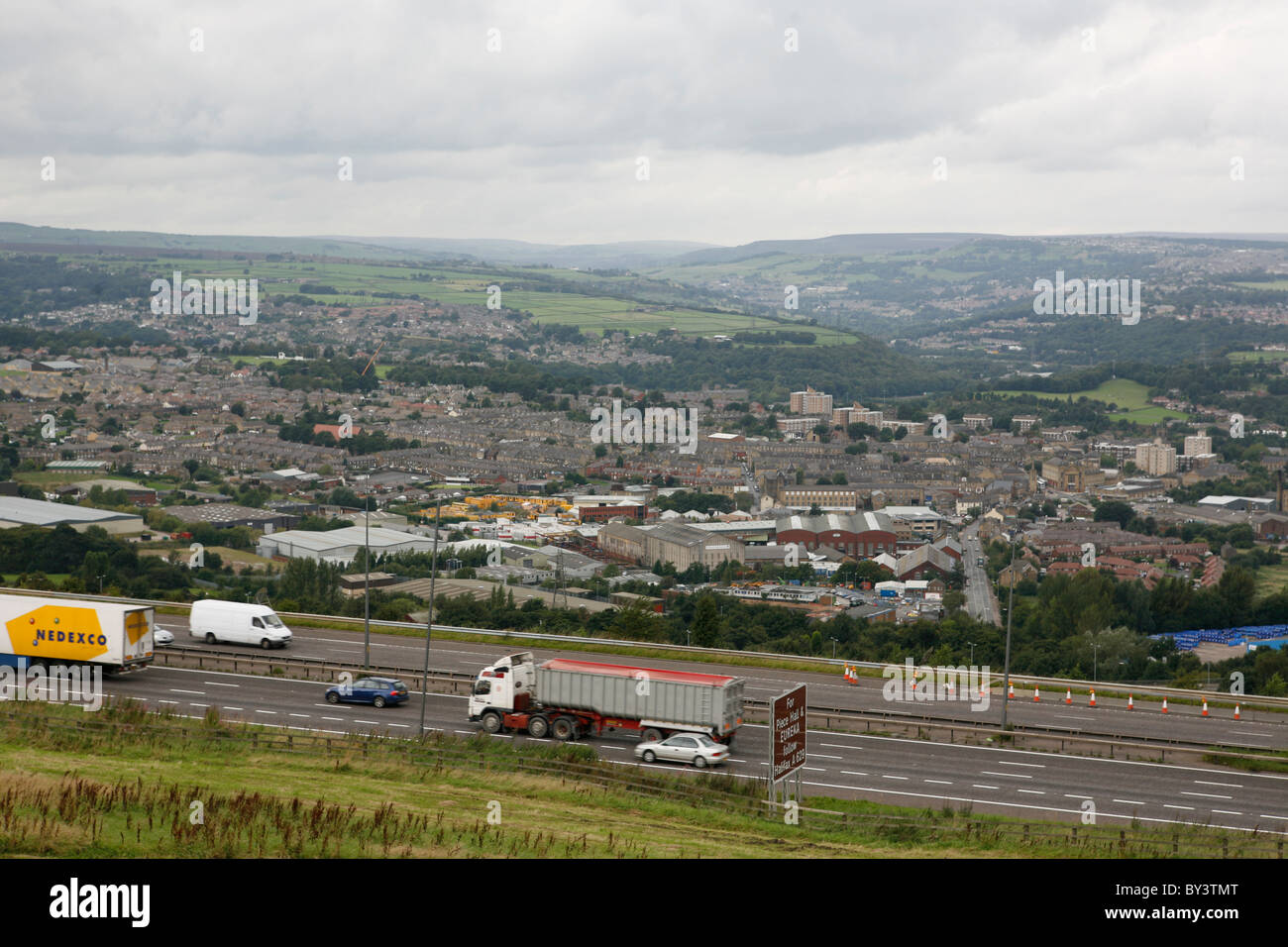 View of Elland and Sowerby Bridge , West Yorkshire UK from Ainley Top on the M62 Stock Photo