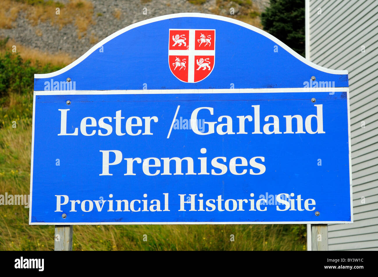 Provincial Historic Site Sign For The Lester Garland Premises Trinity Newfoundland Canada Stock Photo