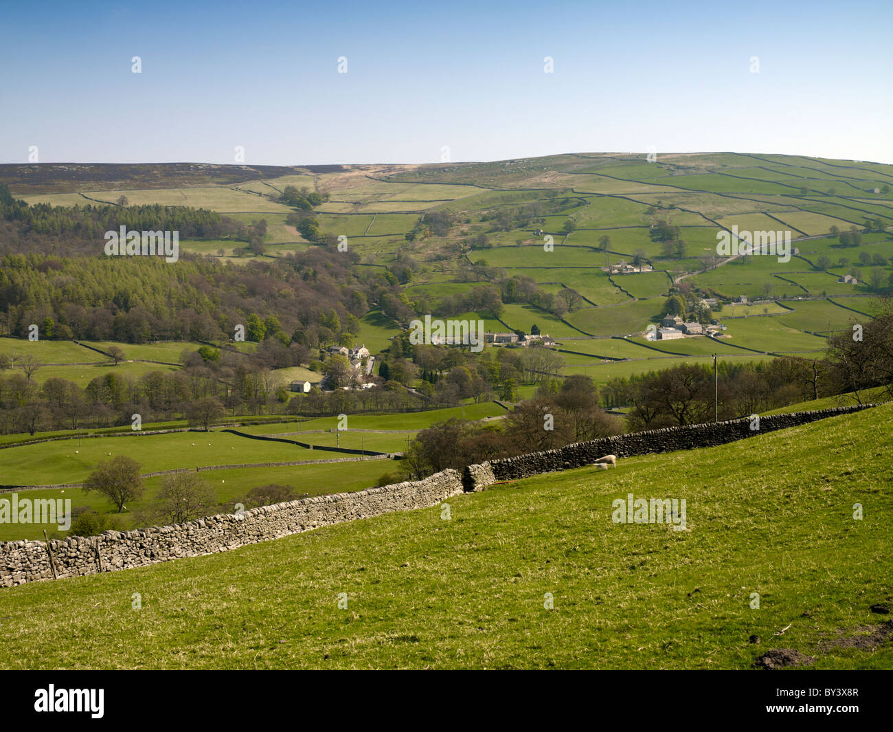 Hamlet of Wath in Nidderdale from Heathfield. North Yorkshire. UK Stock