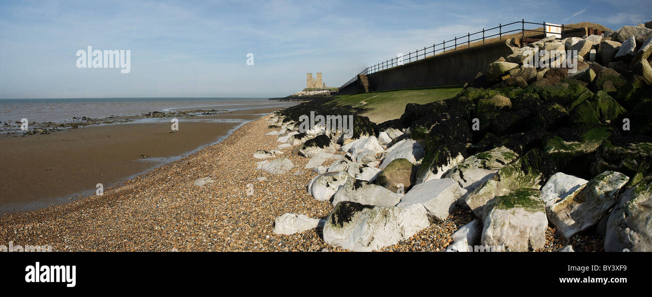 Reculver Towers beach and sea defences Stock Photo