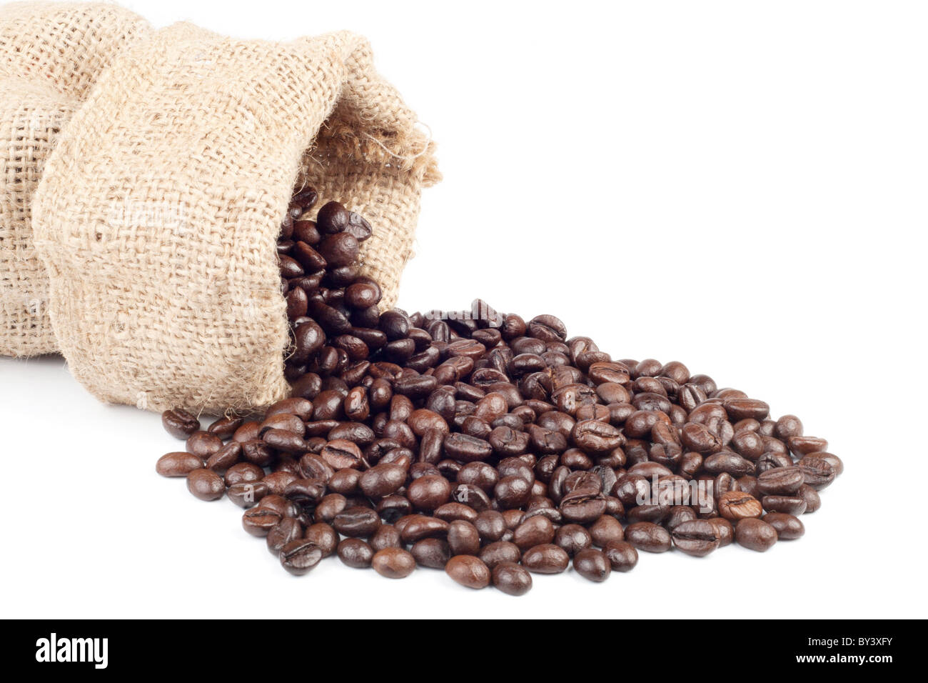 Coffee beans in canvas sack on white background Stock Photo - Alamy