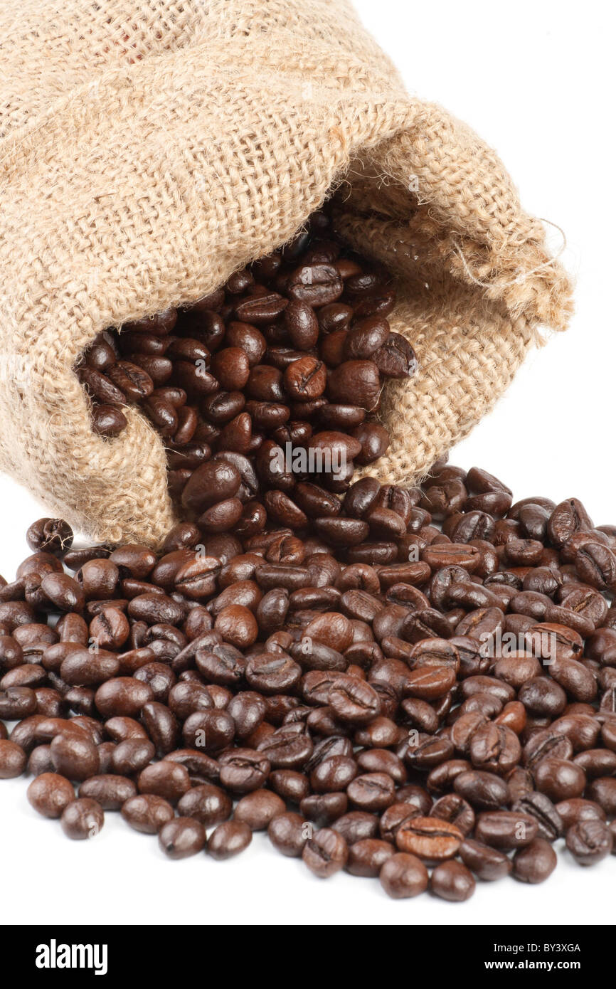 Coffee beans in canvas sack on white background Stock Photo - Alamy
