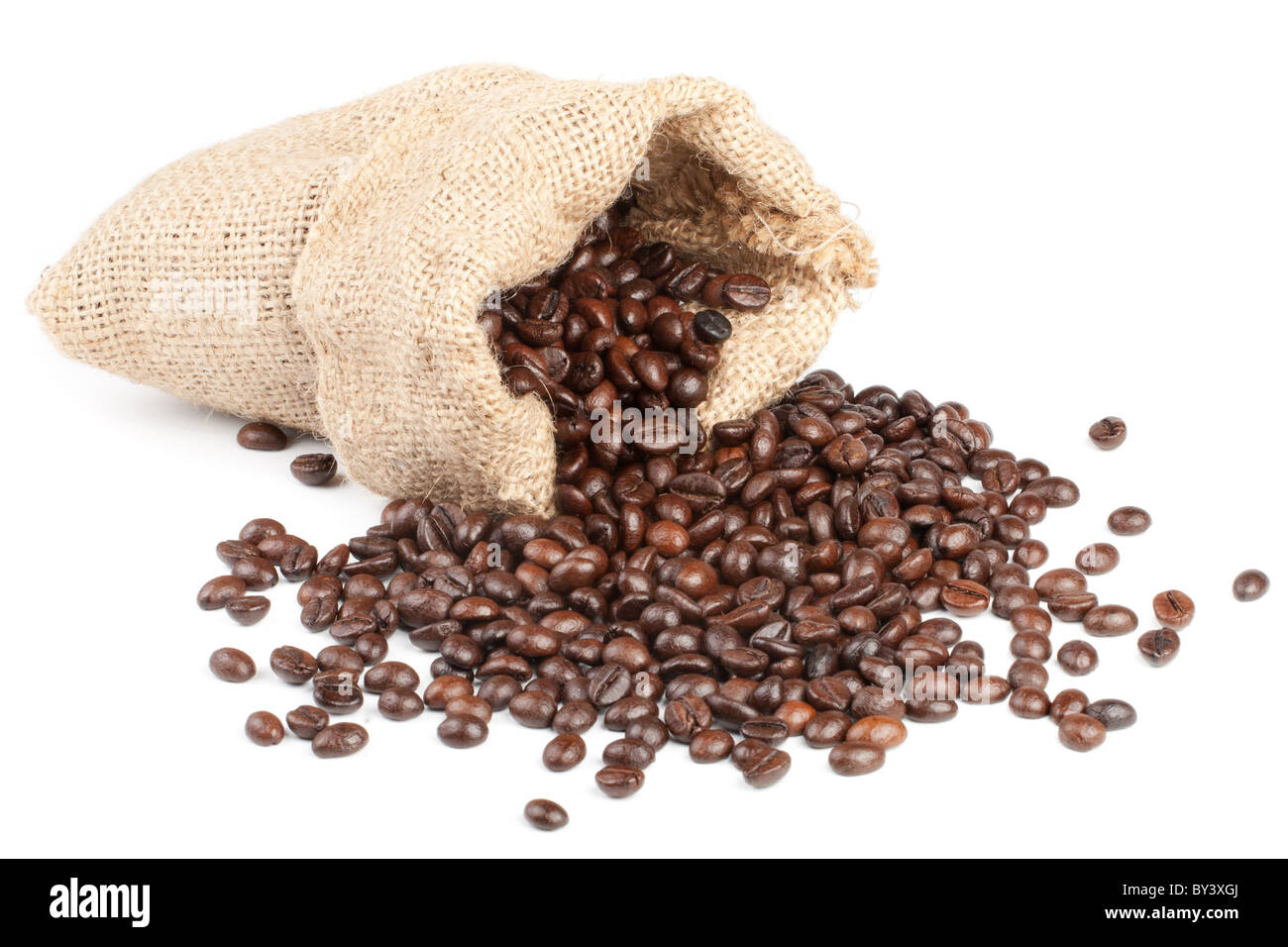 Coffee beans in canvas sack on white background Stock Photo - Alamy