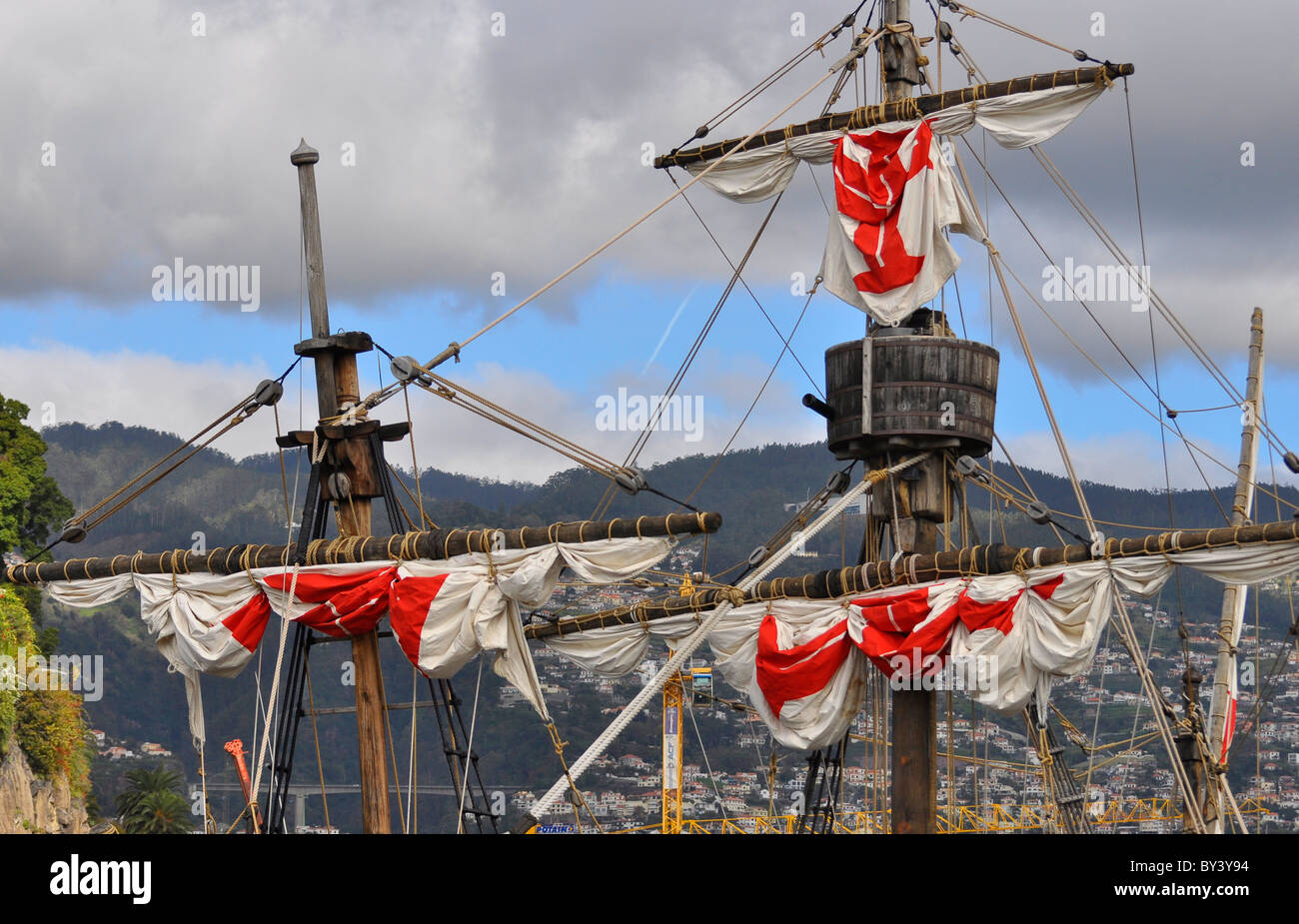 Madeira, Portugal, Funchal, oldtimer sailing boat, sailing withdrawn, Madeira, Portugal, Funchal, Oltimer Segelboot, eingezogene Stock Photo