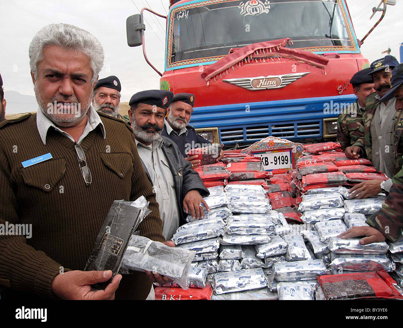 Customs officials show seized Charas (drugs) during press conference at Baleli check-post in Quetta on Sunday, January 16, 2011. Stock Photo