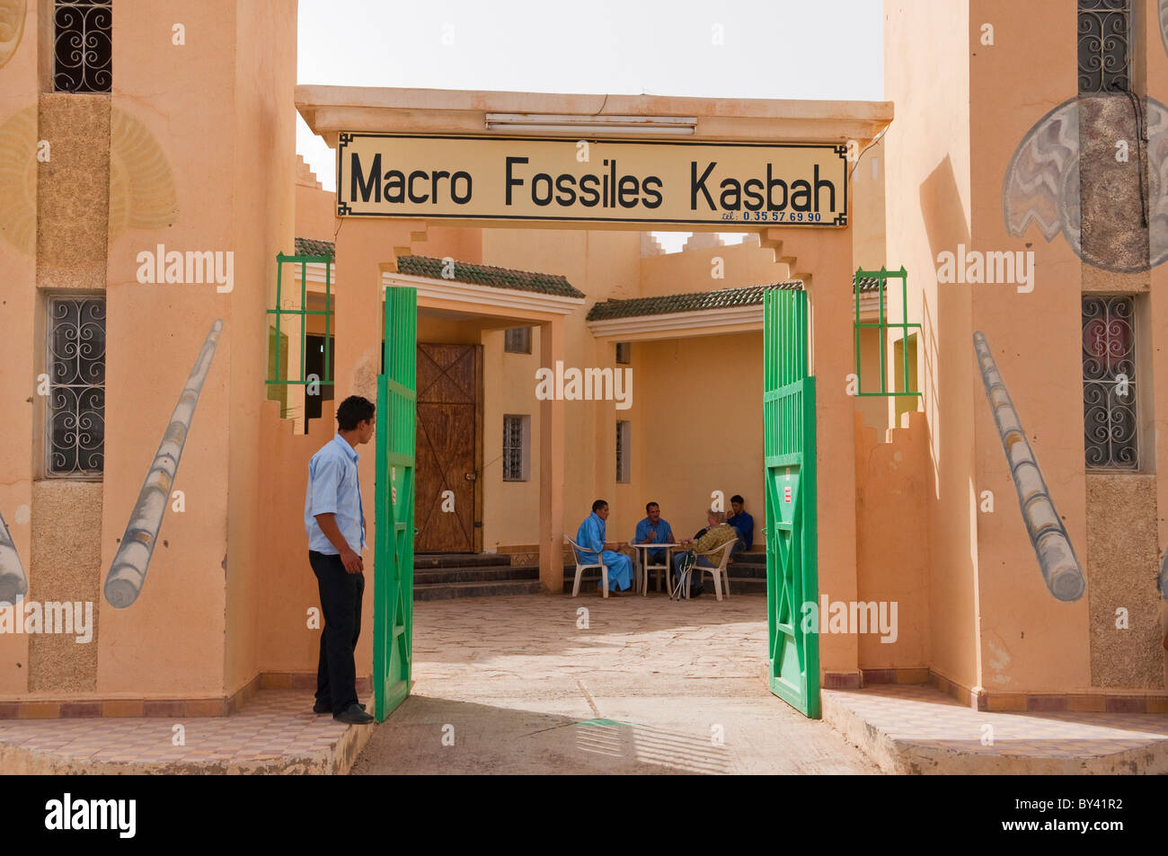 Entrance to the Macro Fossile Kasbah near Erfoud, Morocco. Stock Photo