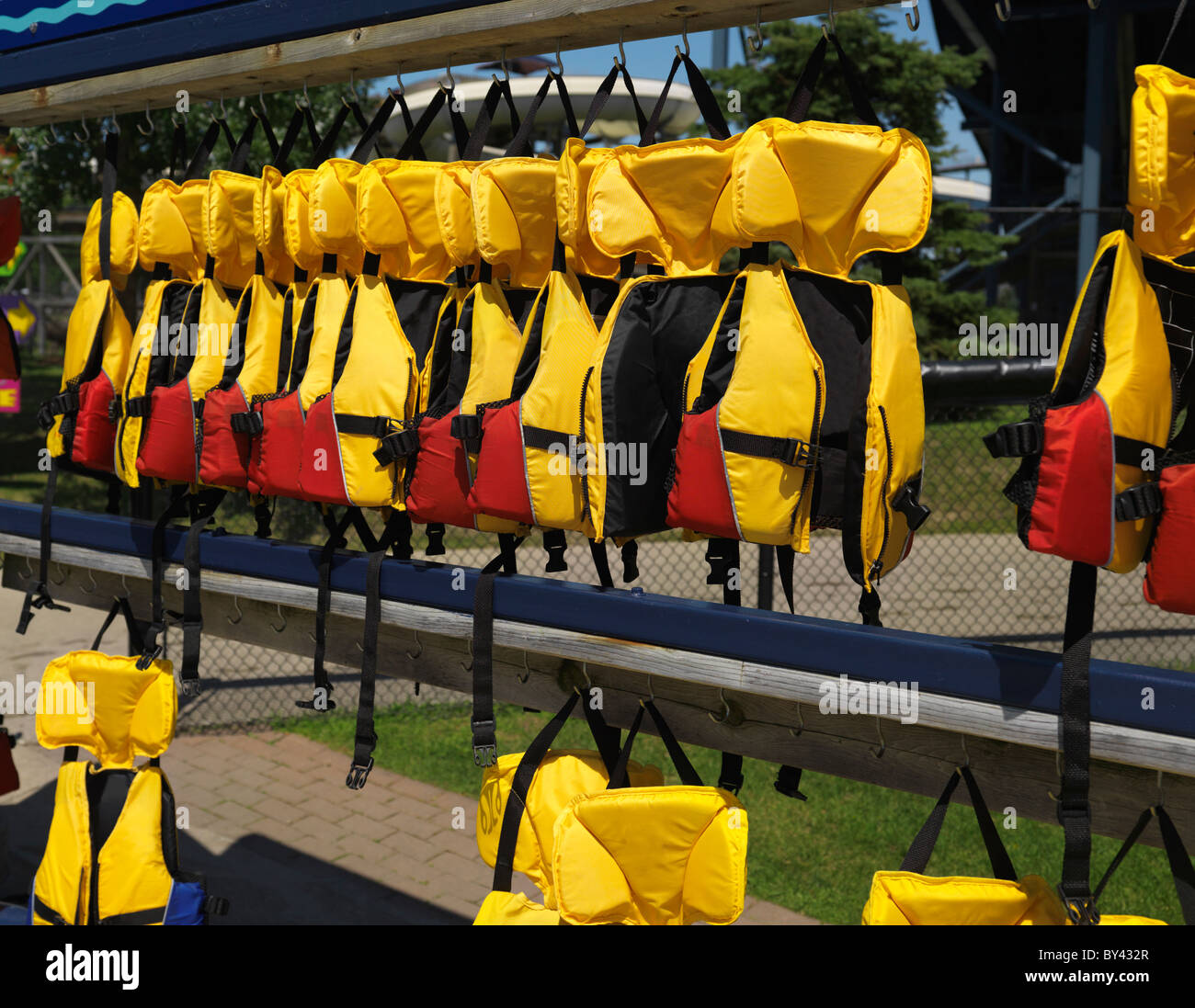Stand with life jackets, life vests Stock Photo