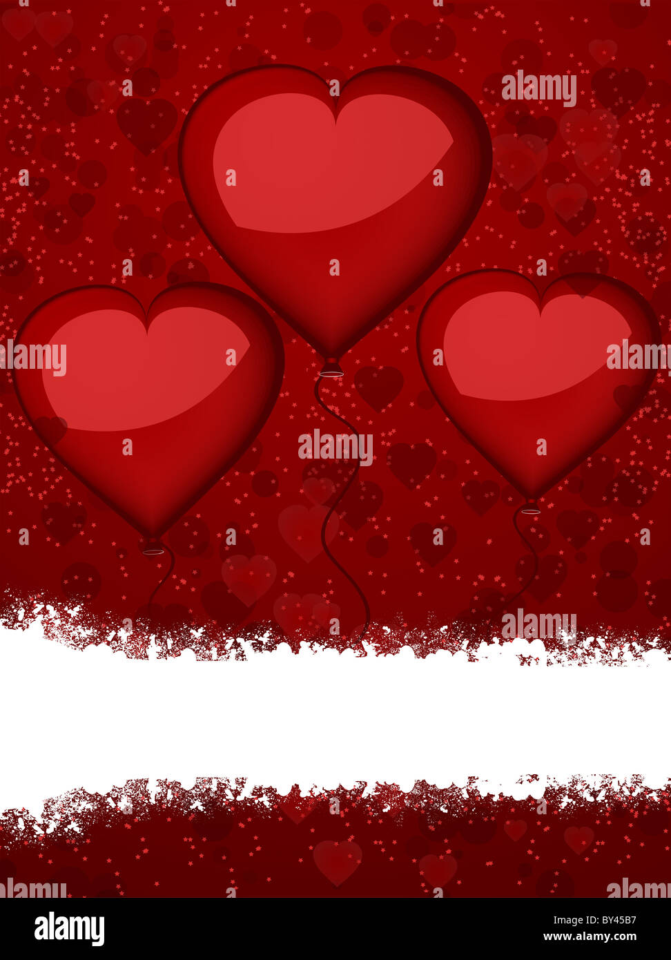 Red heart shaped balloons on a red background with a white banner Stock ...