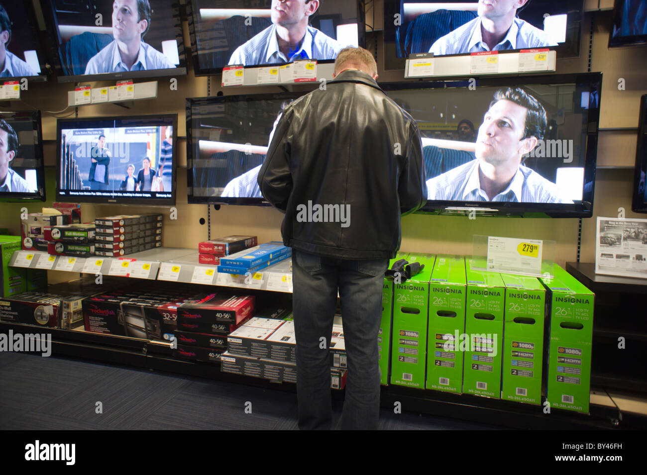 Shoppers at the flat screen television department in a Best Buy