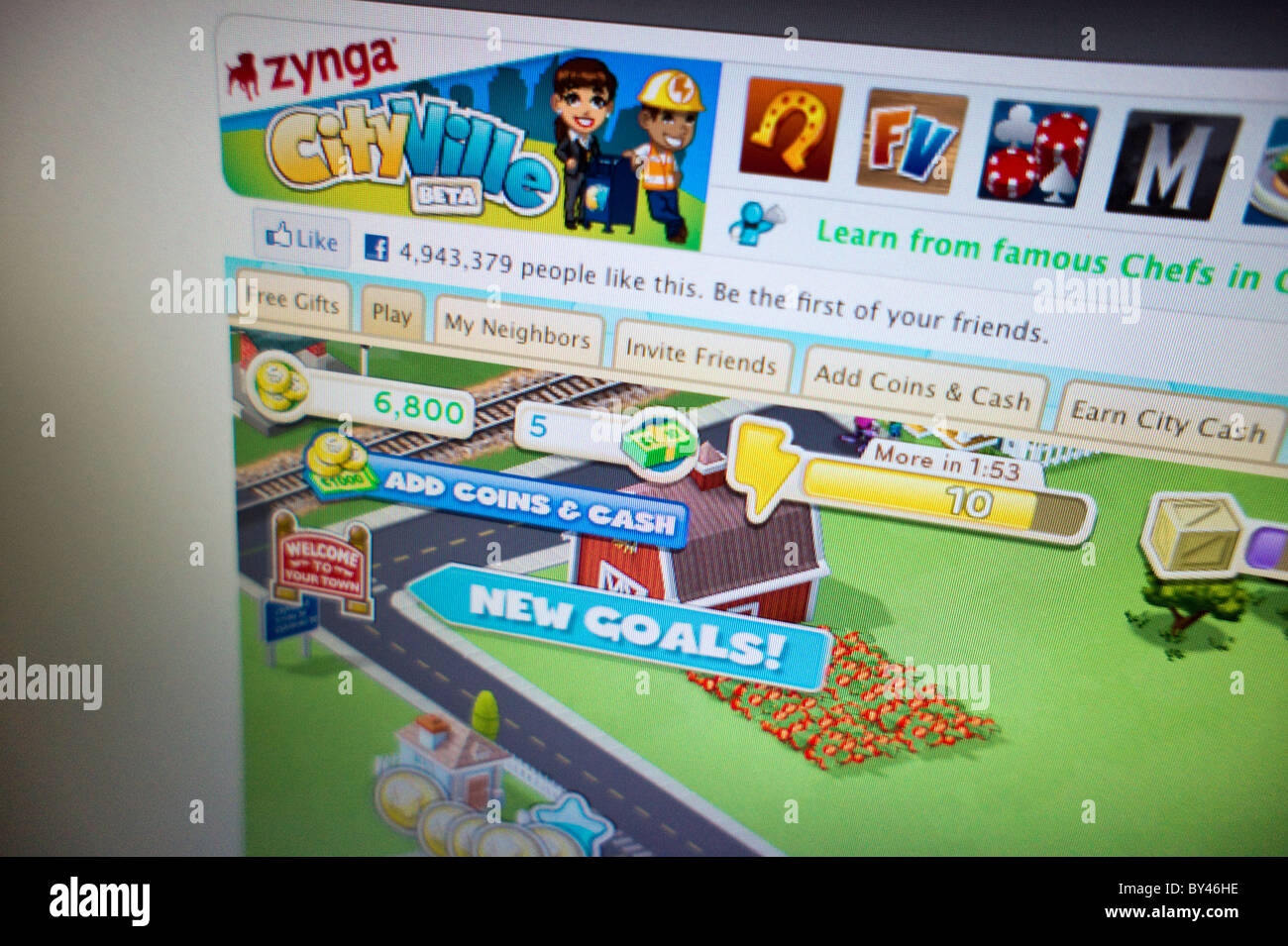 A screenshot of the popular Zynga CityVille game on the Facebook social networking website Stock Photo