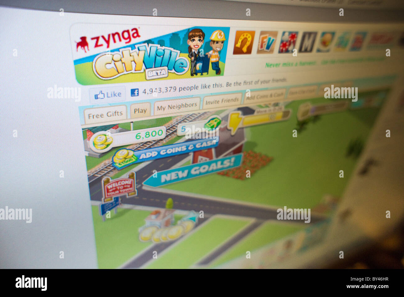 A screenshot of the popular Zynga CityVille game on the Facebook social networking website Stock Photo