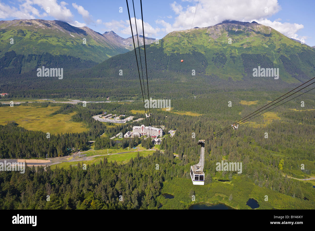 Tram and valley below at Alyeska Ski Resort in the Chugach Mountains in Girdwood Alaska Stock Photo