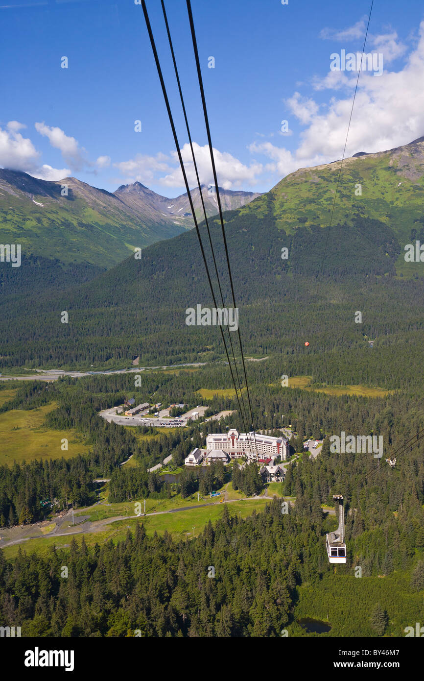 Tram and valley below at Alyeska Ski Resort in the Chugach Mountains in Girdwood Alaska Stock Photo