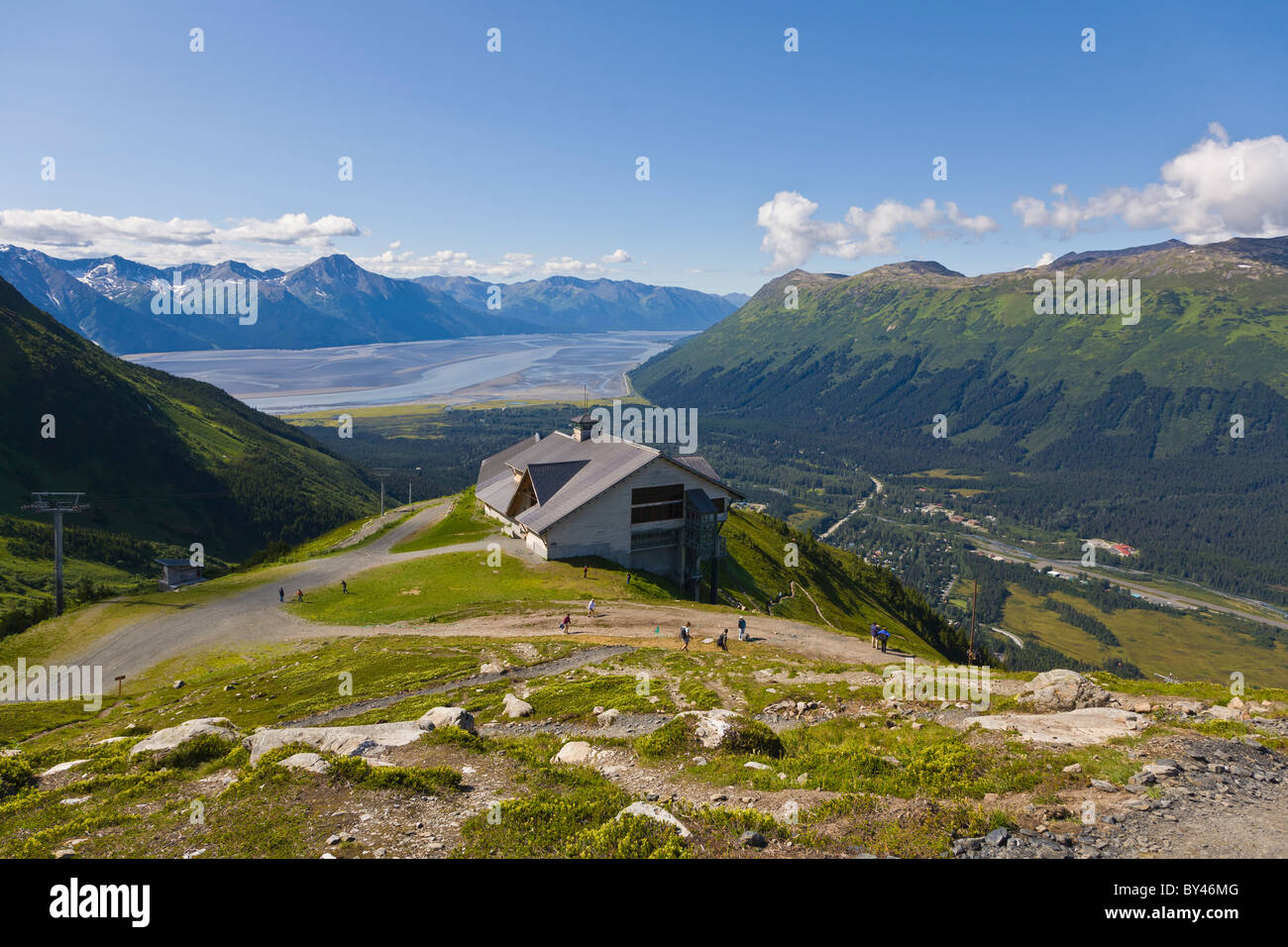 Alyeska Ski Resort in the Chugach Mountains in Girdwood Alaska with Turnagin Arm in the distance Stock Photo