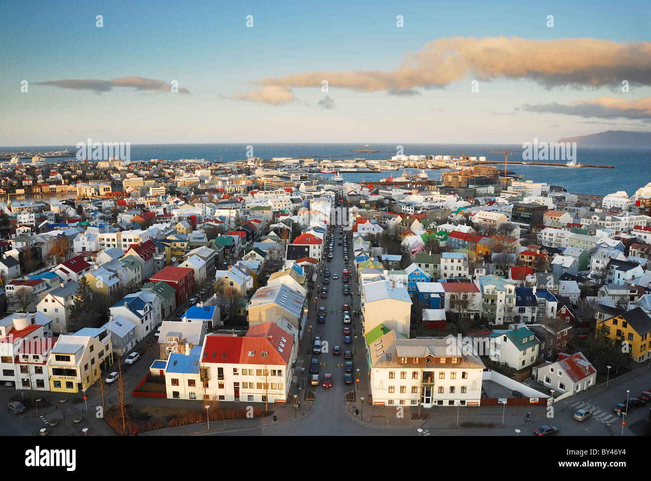 Aerial view of Reykjavik city skyline in Iceland on a sunny winter morning. Taken from the top of the Hallgrimskirkja Cathedral Stock Photo