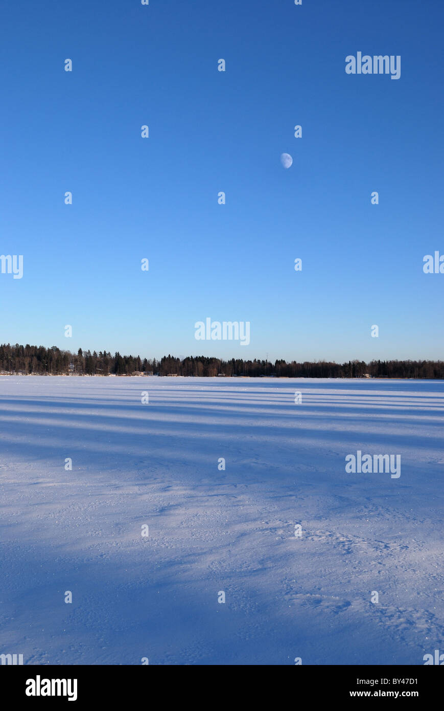 Moon over frozen lake Stock Photo