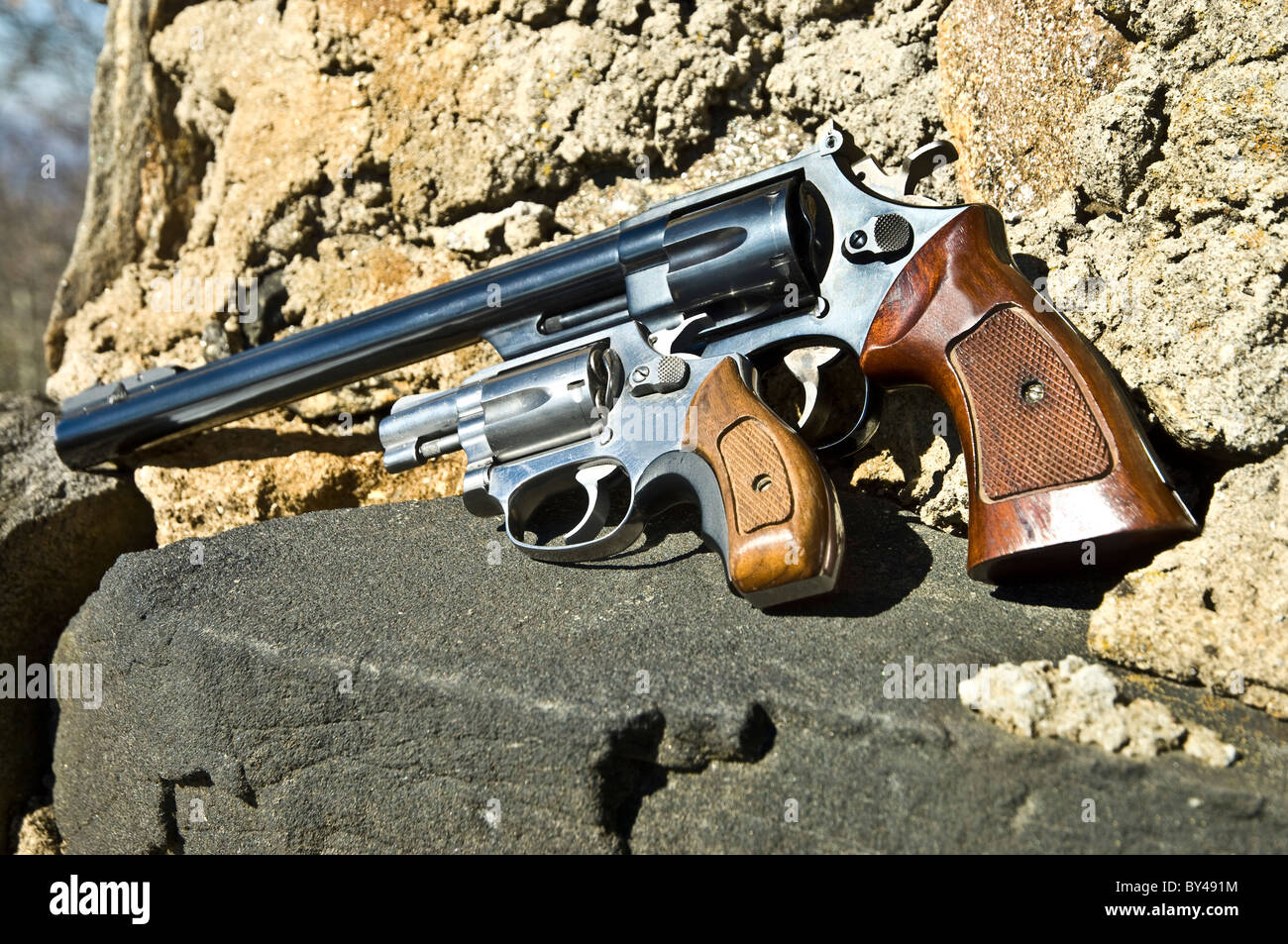 Two revolvers, one long barrel and one short, displayed on a wall outdoors. Stock Photo