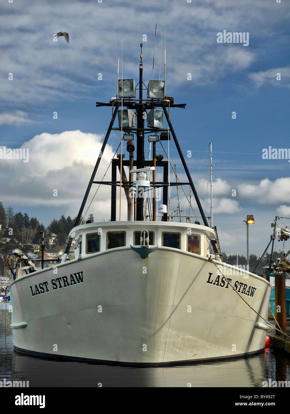 Fishing boat 'Last Straw' moored in Newport, Oregon. Stock Photo
