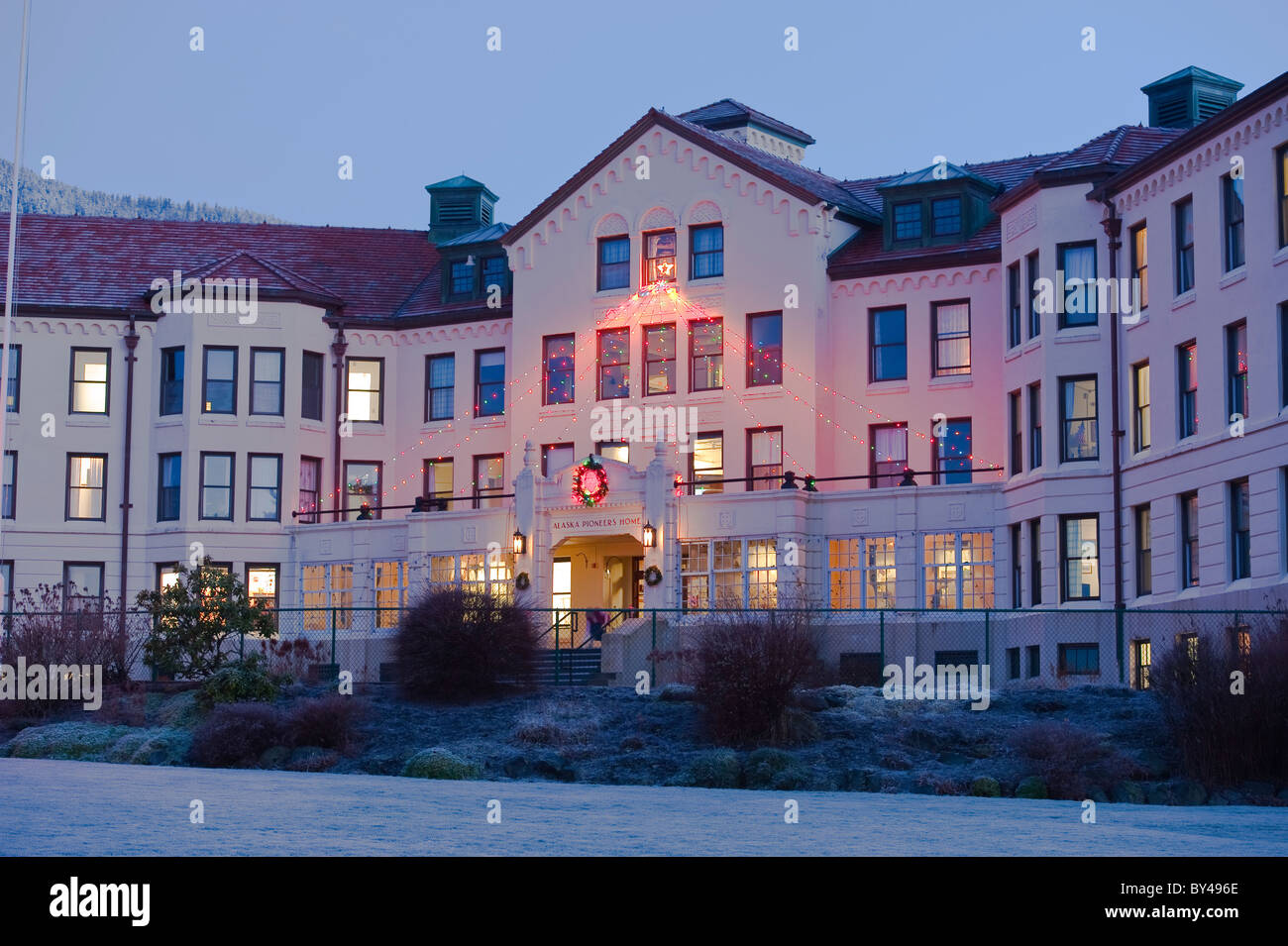 The Alaska Pioneer Home in Sitka Alaska with Christmas Holiday lighting Stock Photo Alamy