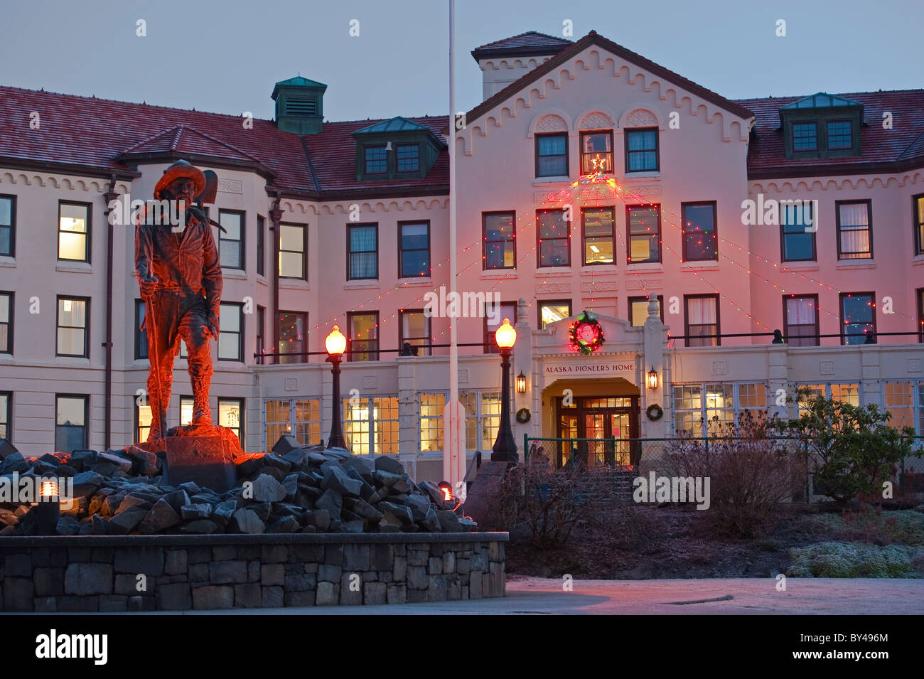 The Alaska Pioneer Home in Sitka Alaska with Christmas Holiday lighting Stock Photo Alamy
