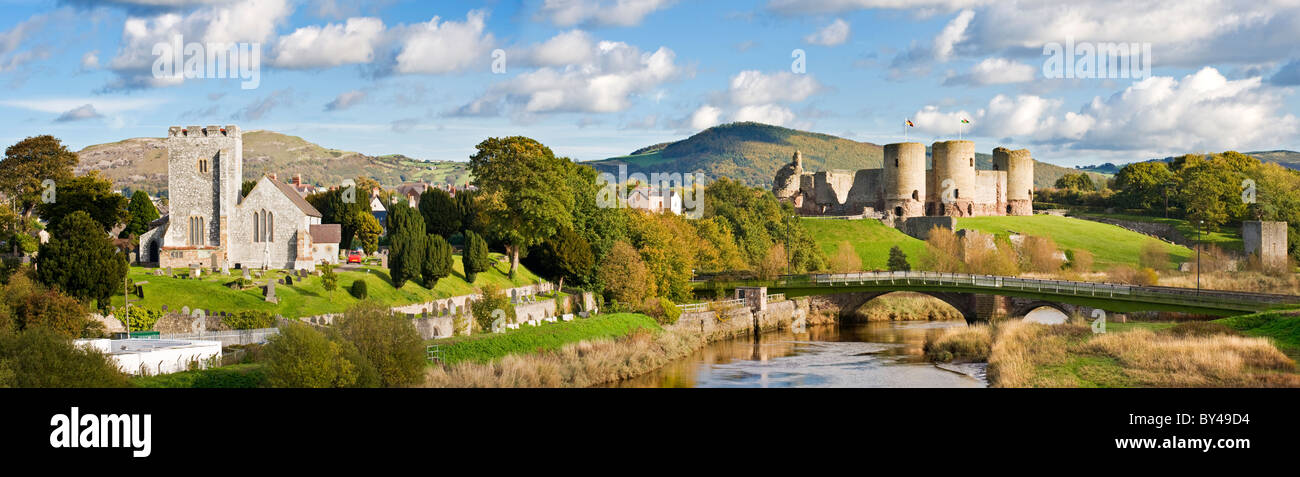 Panoramic of St Mary's Parish Church, Rhuddlan Castle & The River Clwyd, Rhuddlan, Denbighshire, North Wales Stock Photo
