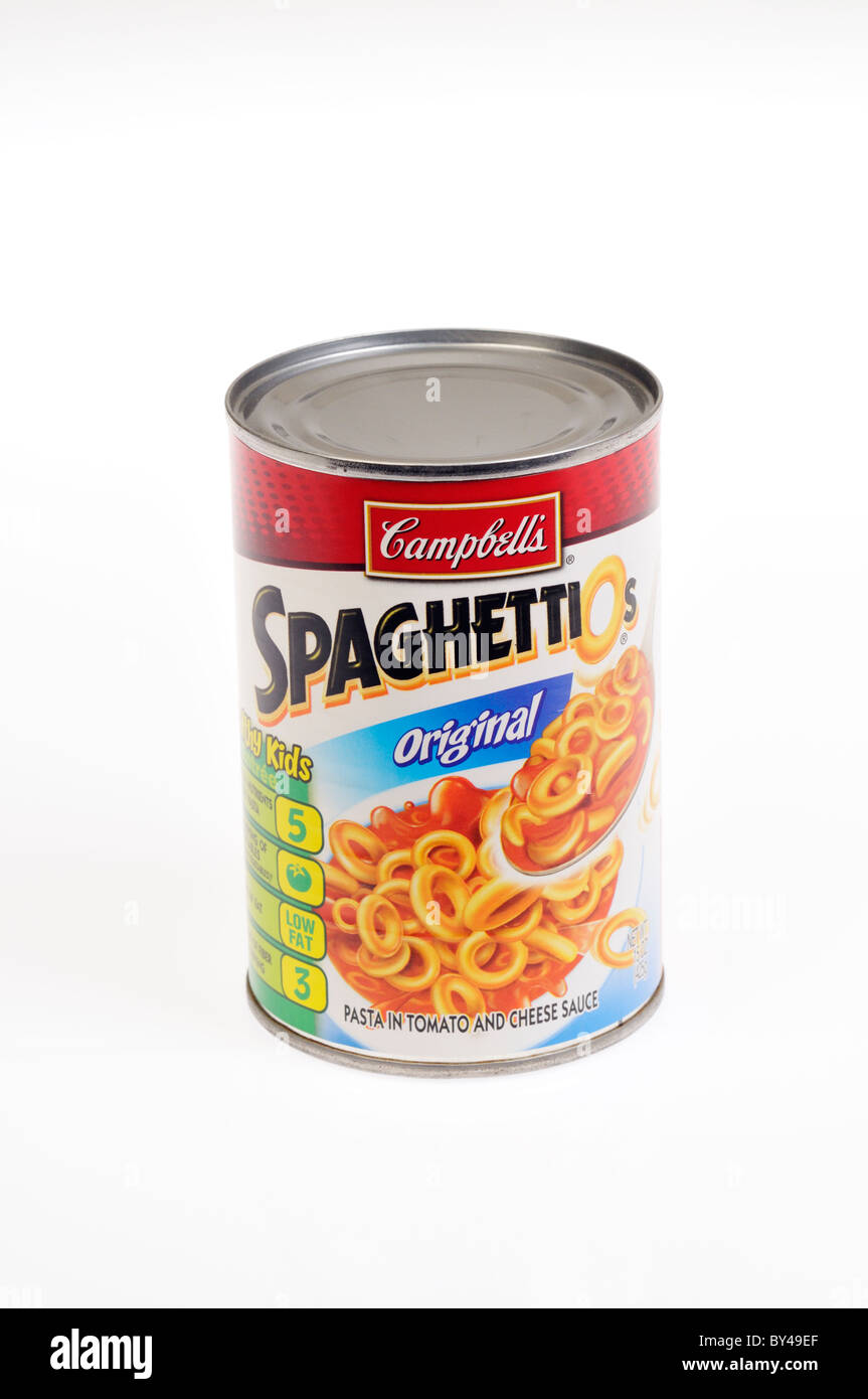 Can of Campbells Spaghetti O's on white background, cut out. Stock Photo