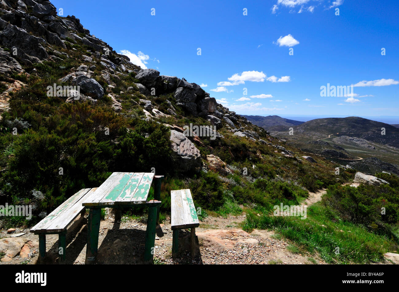 A picnic table at the top of Swartberg Pass. Prince Albert, South Africa. Stock Photo